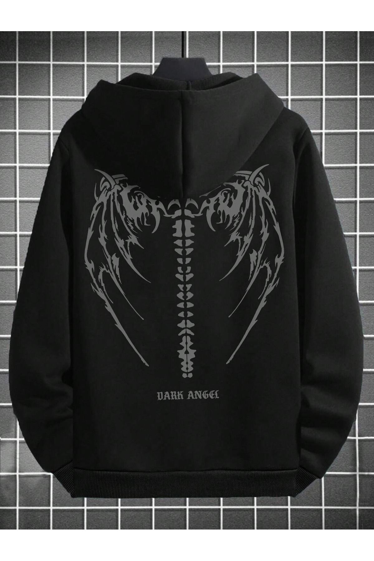 modaberry Dark Angel Wing Sweatshirt Zippered Cardigan Black Printed Oversize Pocket Winter Hoodie Trendyol
