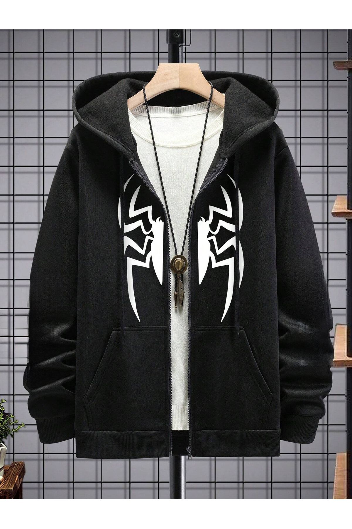 modaberry Cool Spider Sweatshirt Fermuarlı Hırka - Siyah Baskılı Oversize Cepli Kışlık Kapüşonlu görsel 3