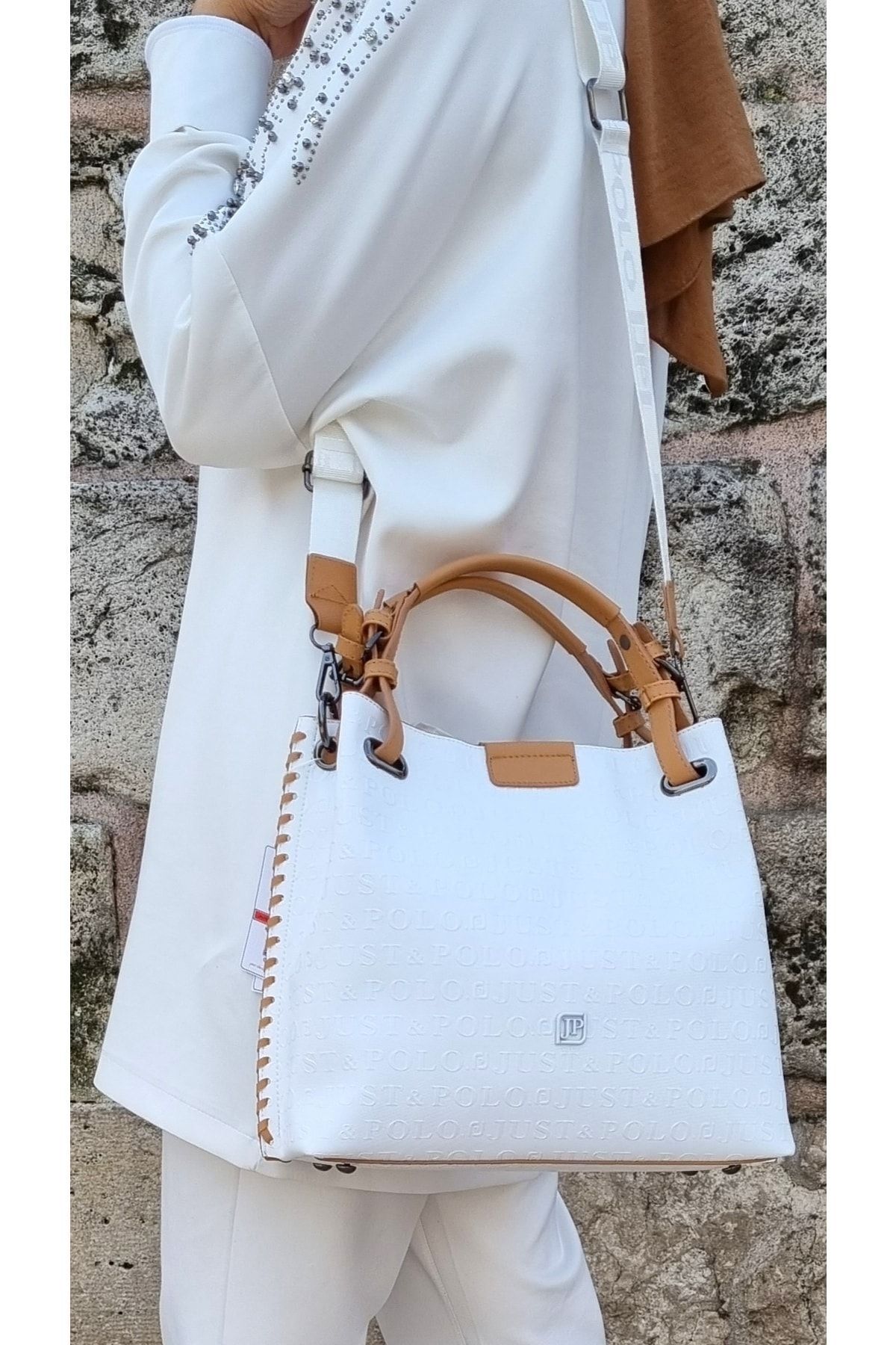 Just Polo-حقيبة يد وكتف مضفرة كبيرة الحجم باللون الأبيض نسائية 5