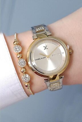 Daniel Klein Altın/Metalik Çelik Bilezik Kadın Kol Saati + Zirkon Taşlı Bileklik