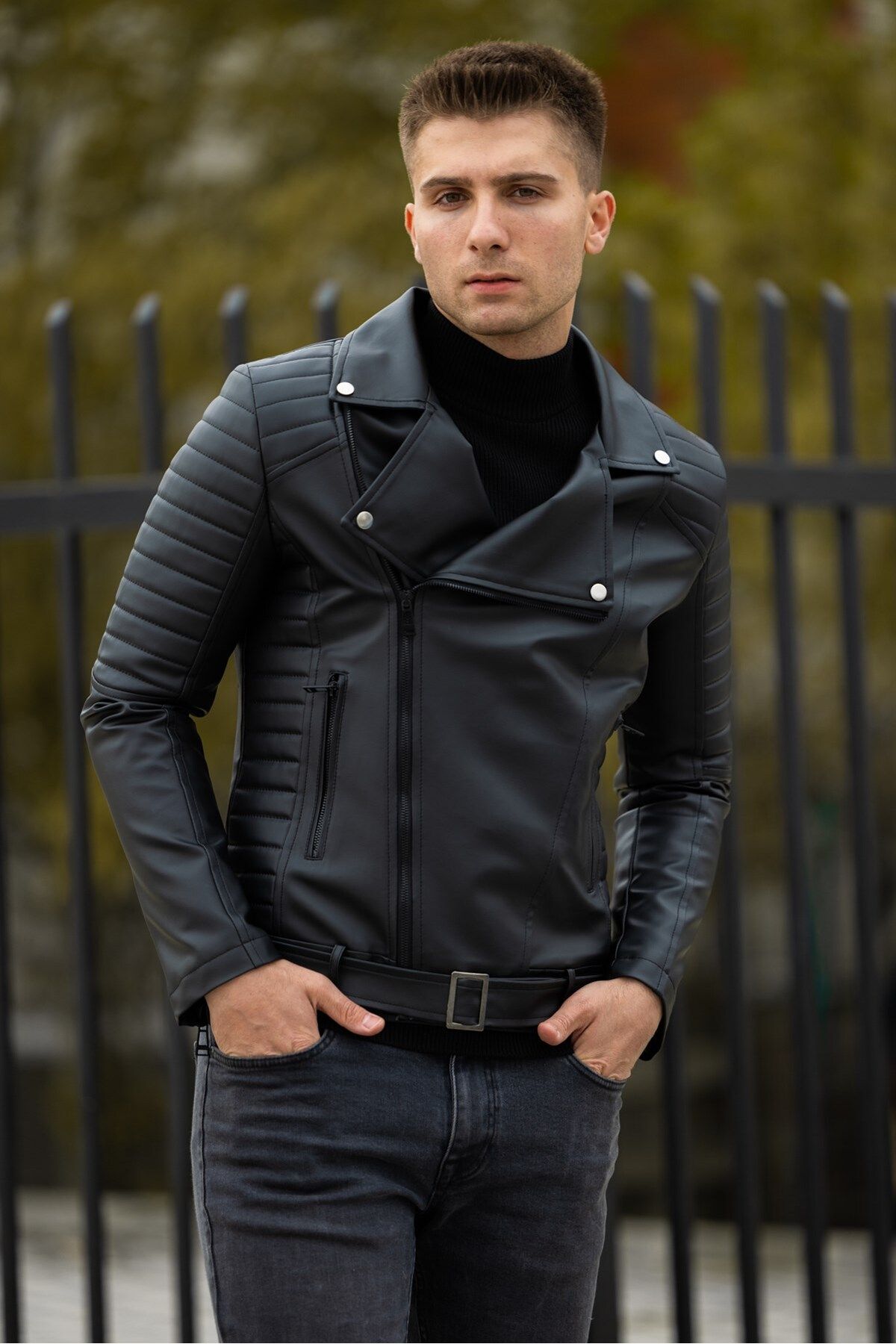 Leather belted jacket on sale
