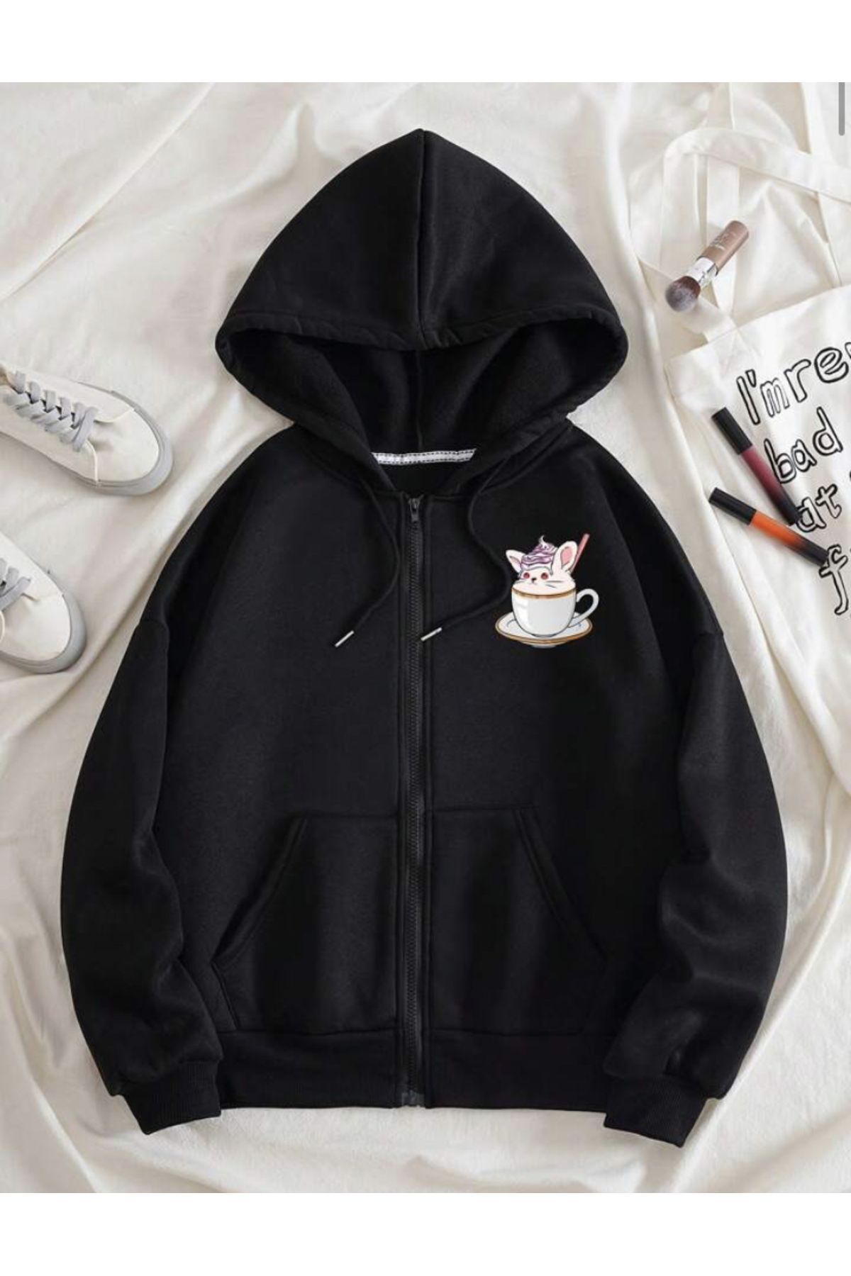 Unisex Coffe Sırt Baskılı Fermuarlı Hırka - 2 iplik — مشکی F2S00005 — تصویر 2 از 2