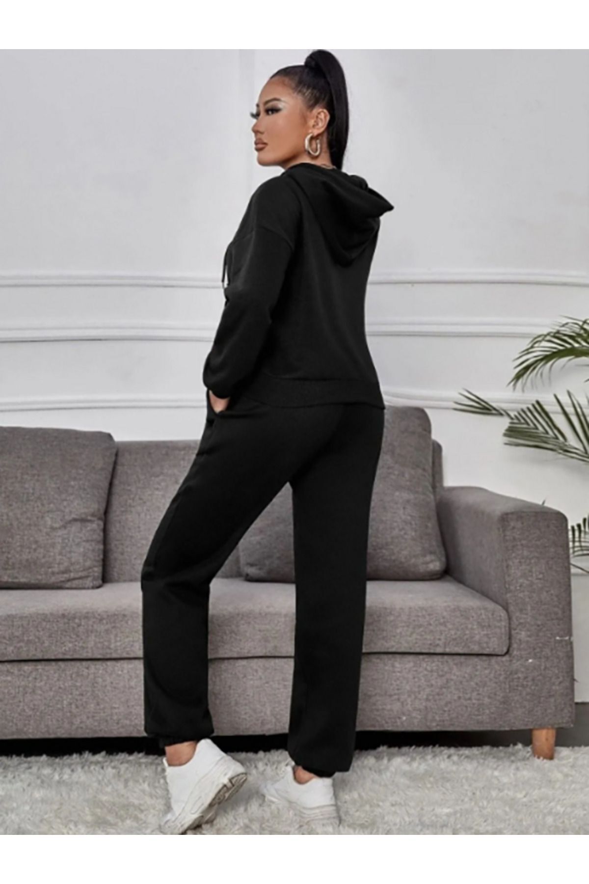 Siyah Kelebek Baskılı Oversize kapüşonlu alt üst eşofman takımı Lastik Paça — مشکی TYCD1A8LMN169364968623045 — تصویر 2 از 5