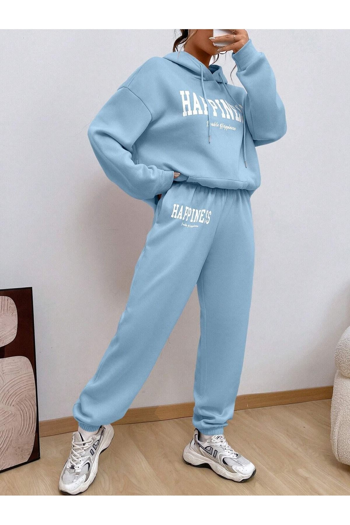 Happiness Sweatshirt Eşofman Altı Jogger - Bebe Mavisi Baskılı Alt Üst Eşofman Takımı Kapüşonlu — آبی HPNNSTKMM-CA — تصویر 5 از 5