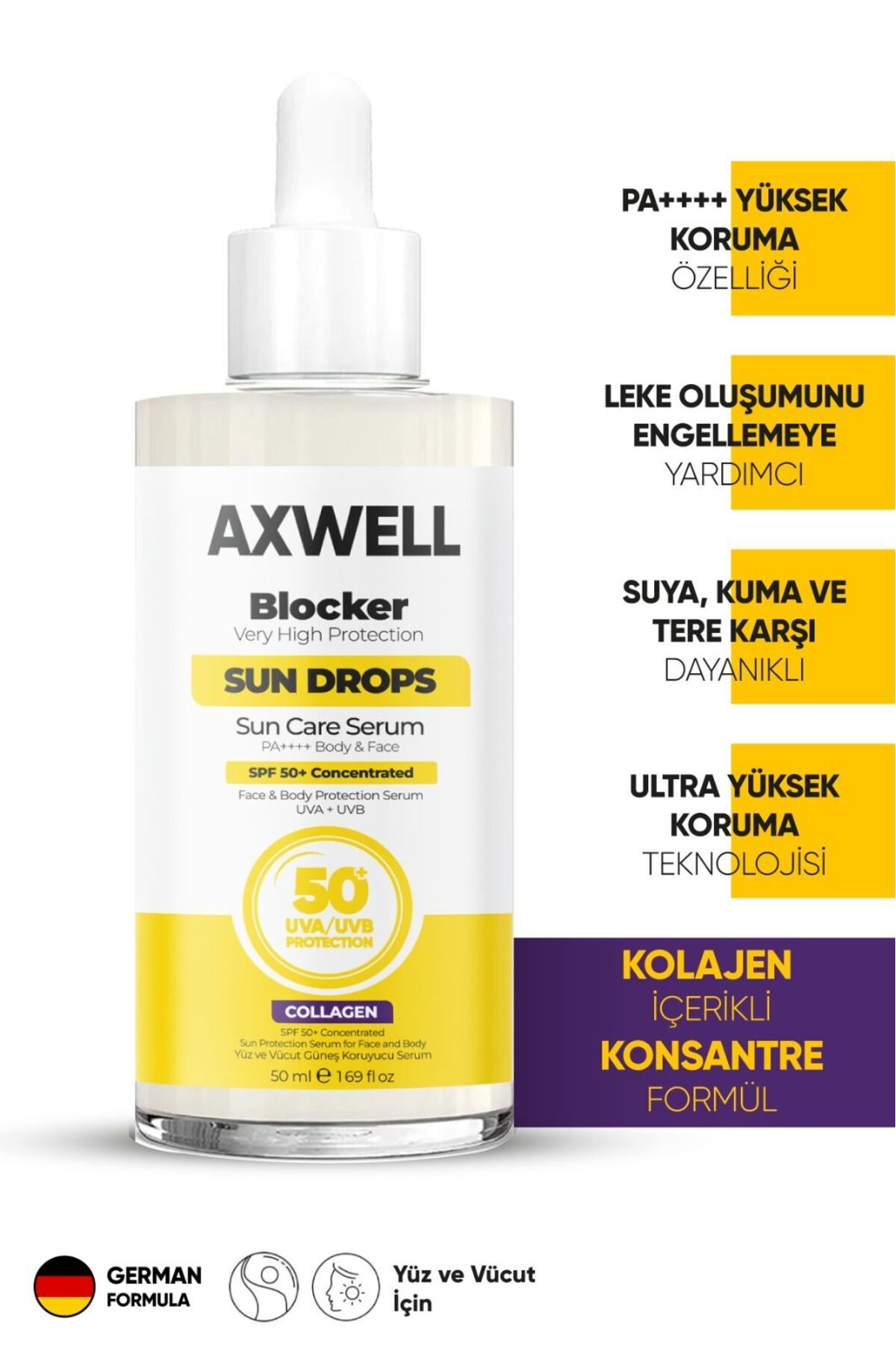 AXWELL Blocker SPF 50+ Водостойкая защита от ультрафиолета B+UVA 50 мл Солнцезащитная сыворотка с содержанием коллагена GS1