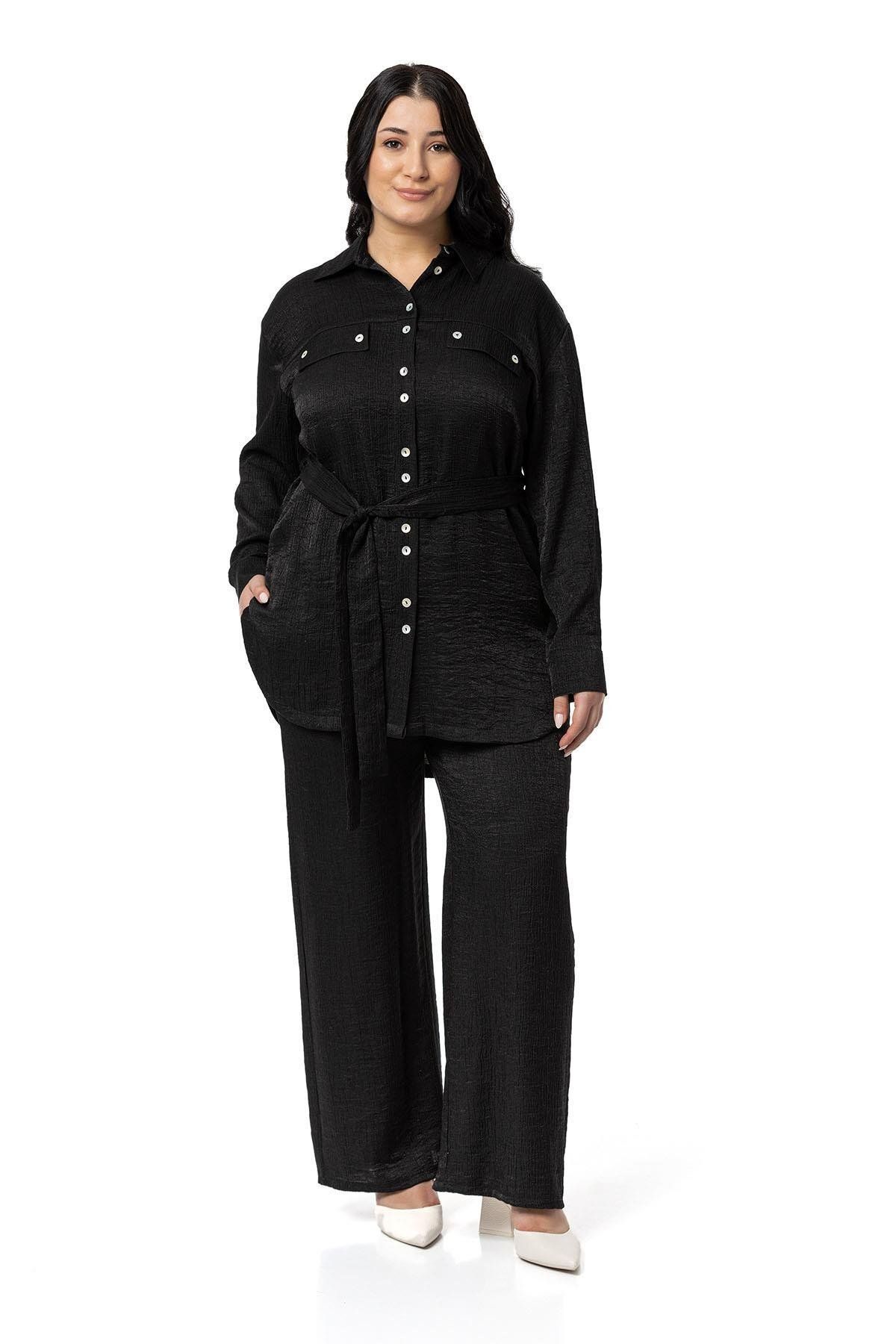 DISENTIS MODEST-Set cămașă și pantaloni negri de mărime plus - țesătură strălucitoare 5