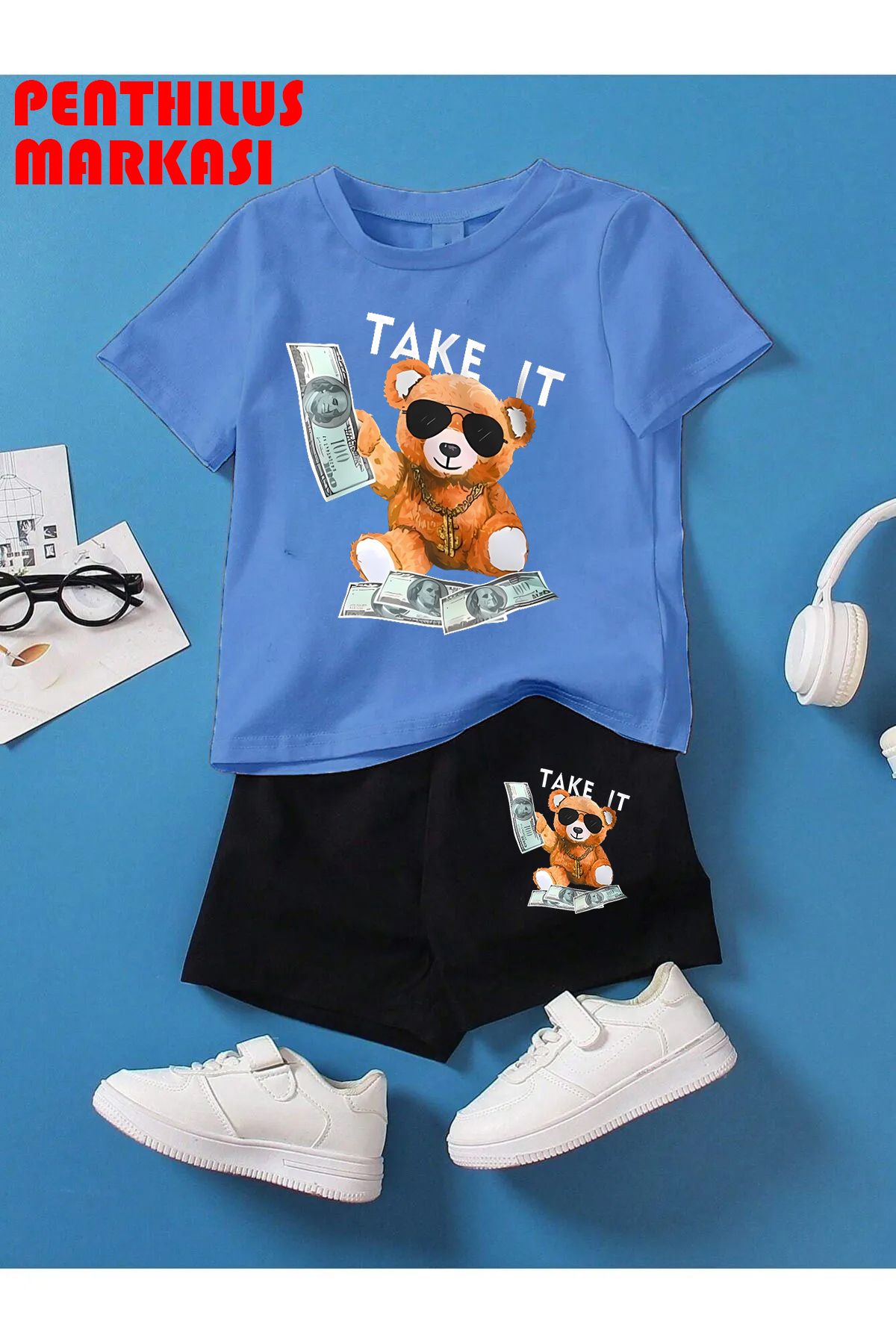 PENTHİLUS-Haval Yaı Printed T-shirt and Shorts Tracksuit Set 1
