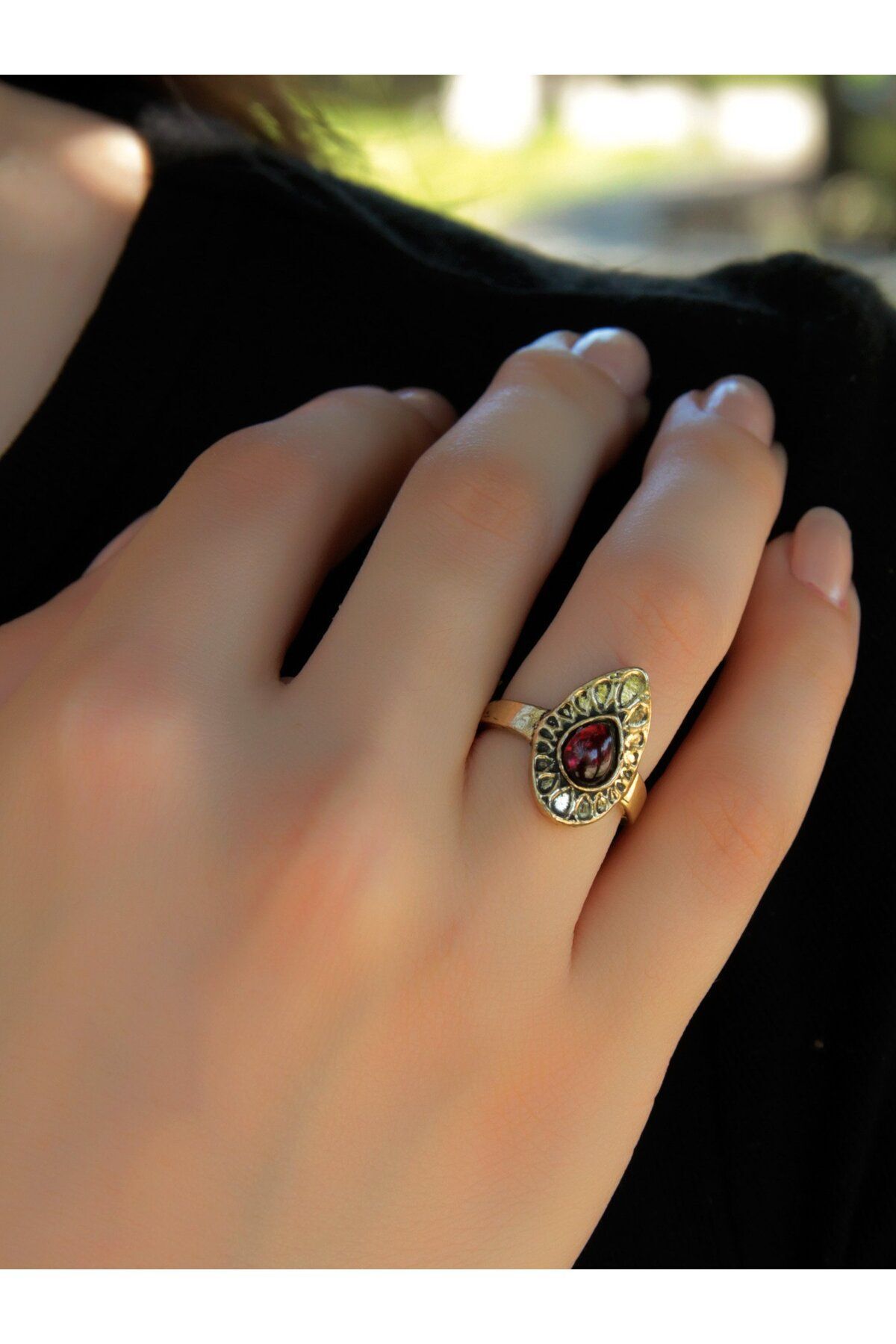 Doğal Taş Lal (Granat Garnet) Doğal Taşlı Antik Ayarlanabilir Kadın Yüzük euy33g 2
