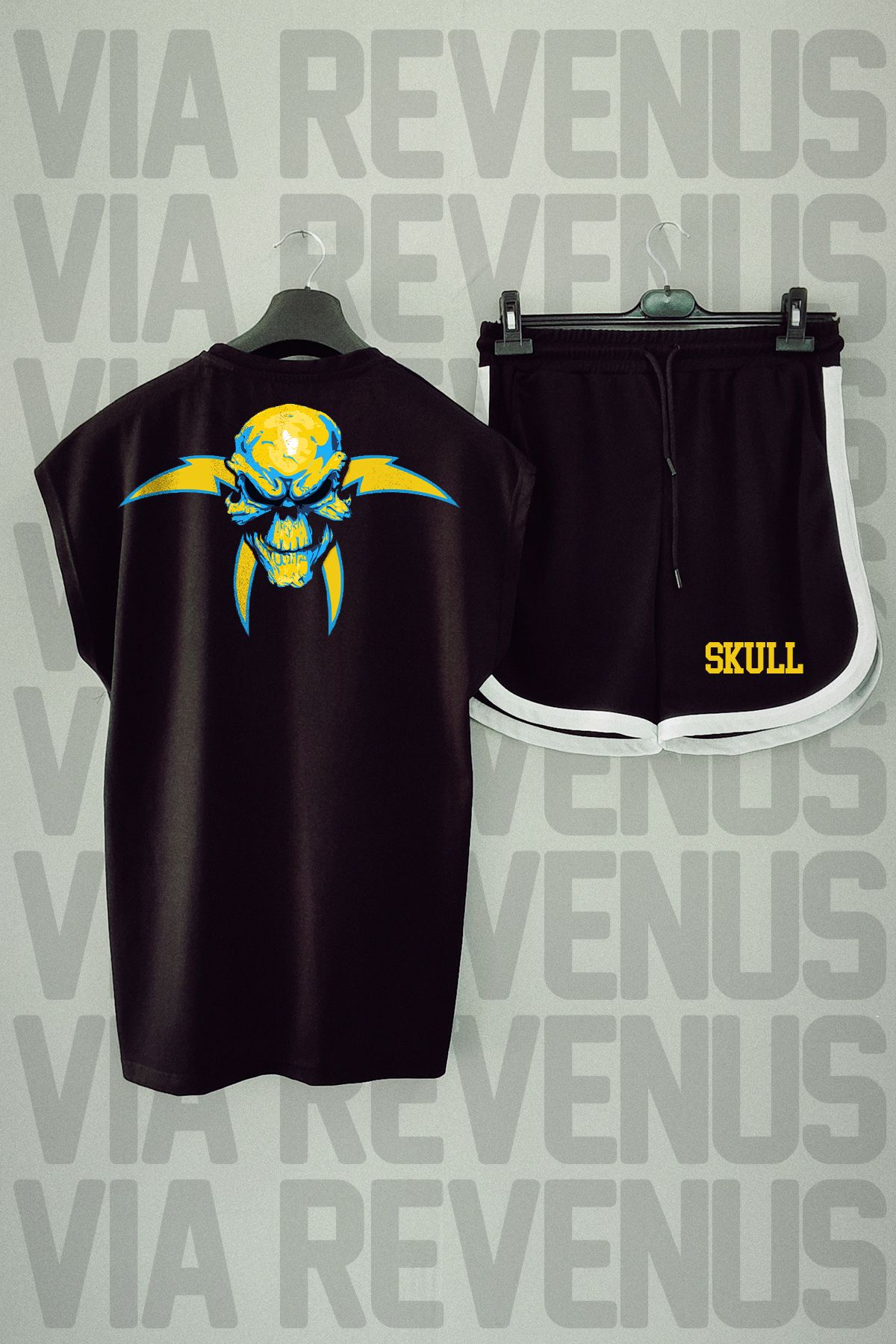 Vordevia Tricou Și Pantaloni Scurți Sport Negri - Decolteu, Mânecă Zero, Imprimeu Cu Craniu Unisex - XL