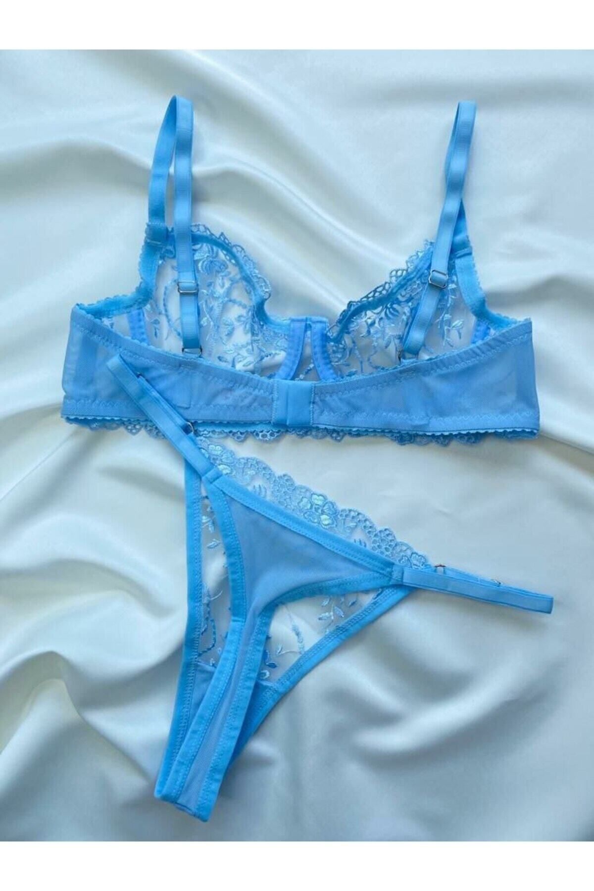 ARONA Bebek Mavisi Balenli Tül Dantel Sütyen Bralet Tanga Iç Çamaşırı Takım - Lingerie Haven fotoğrafı 3 (önizleme)
