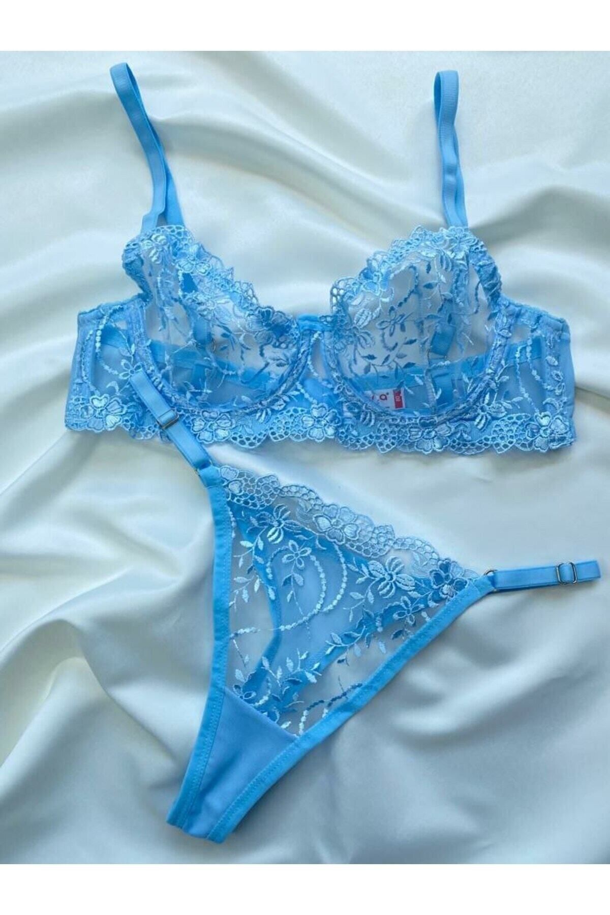 ARONA Bebek Mavisi Balenli Tül Dantel Sütyen Bralet Tanga Iç Çamaşırı Takım - Lingerie Haven fotoğrafı 4 (önizleme)