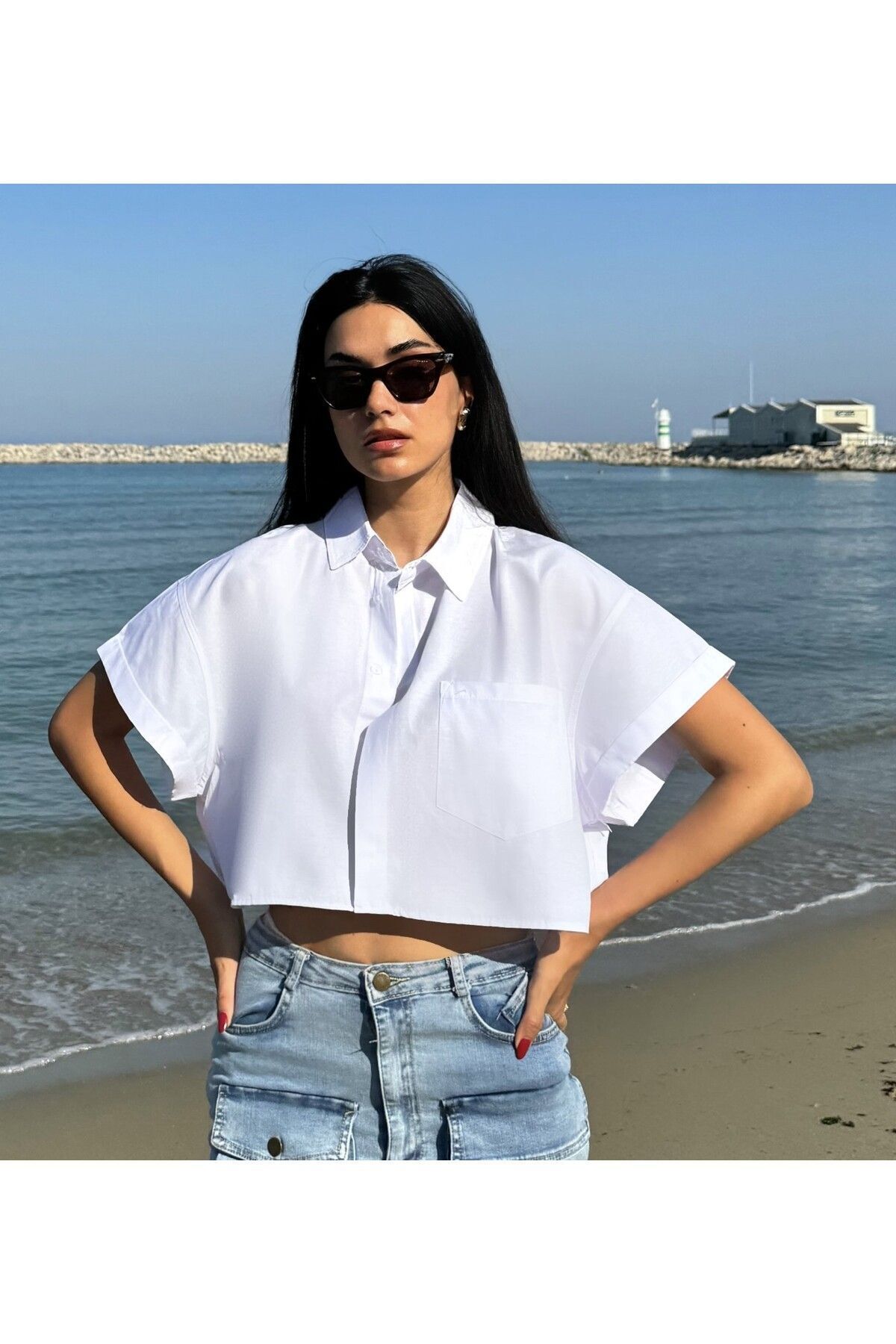 minaaise  Beyaz Oversize Kısa Kollu Kısa Pamuk Gömlek 27311 - Görsel 6