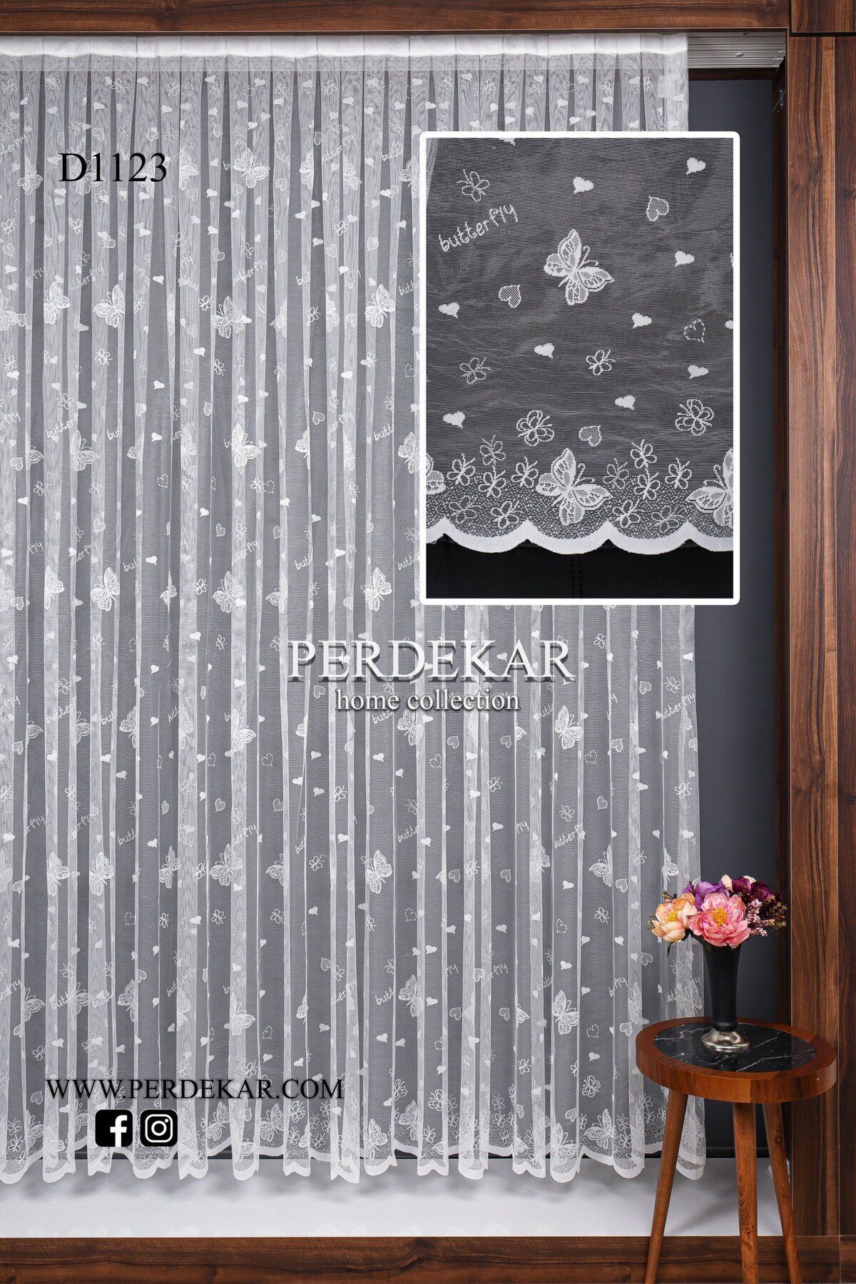 Perdekar Kelebek Ve Kalp Desen Örme Çocuk Odası Tül Perde (1X3 SIK PİLELİ) fotoğrafı 3 (önizleme)