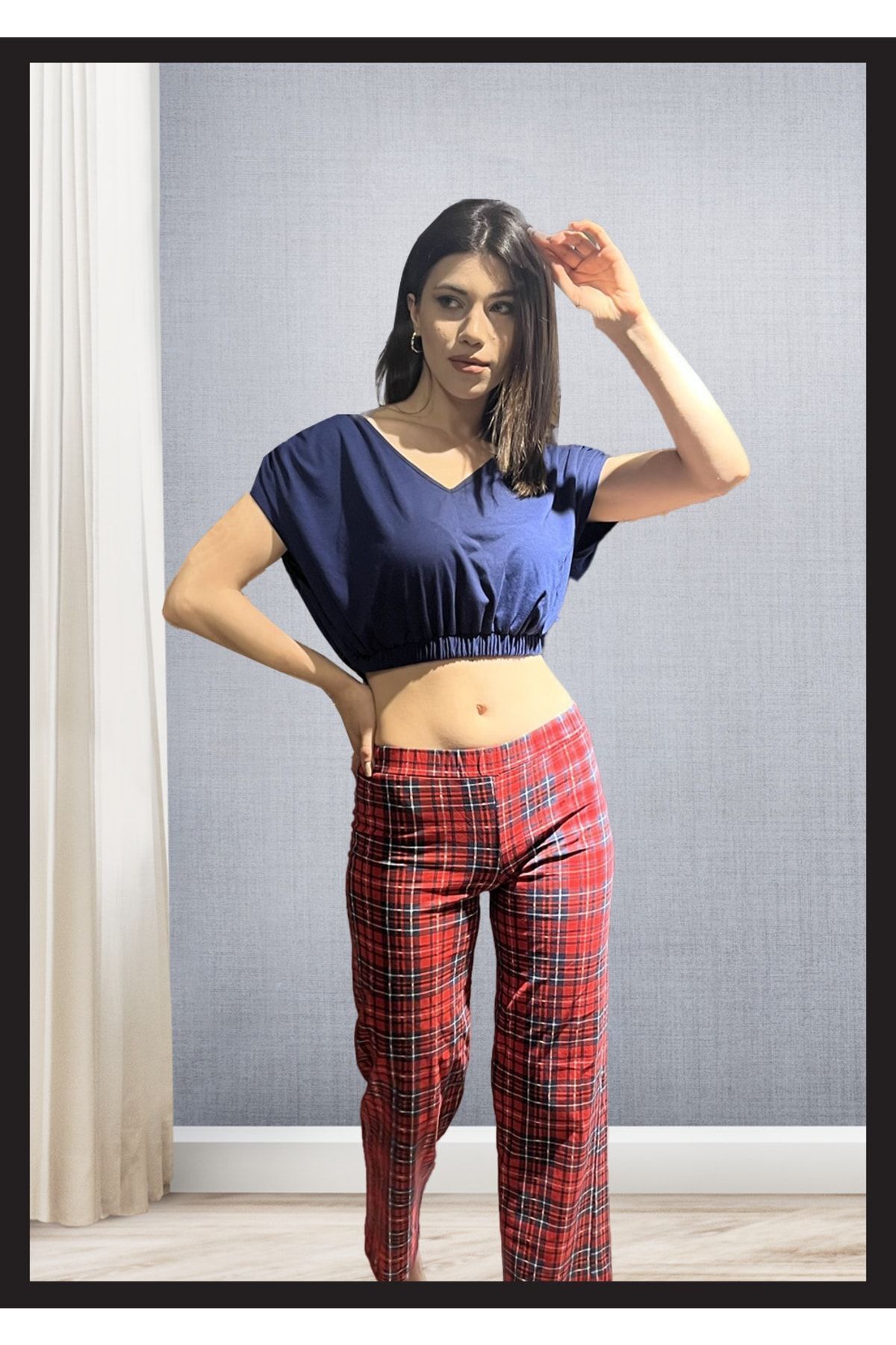 Loe Tiessi Kadın Kırmızı Ekoseli Pijama Takımı Yeni Model Seksi Ev Kıyafeti