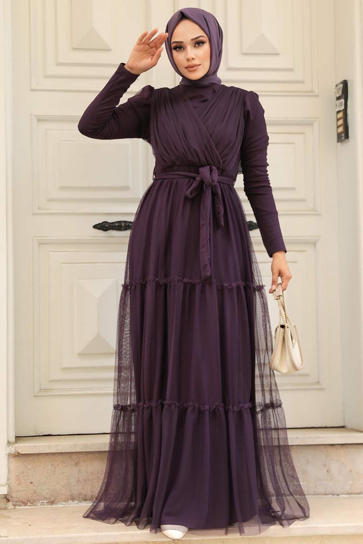 Neva Style Hijab Evening Dress Layered Pleated Plum Hijab Evening Dress 55621MU Trendyol