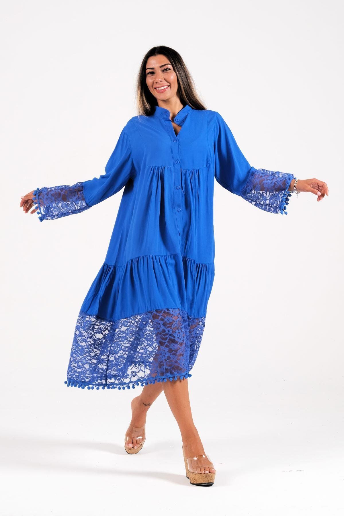 Keyifli Moda Rochie Saks Blue Dantela Midi - Maneci Cu Nasturi In Fata Si Pompon Femeie - 42