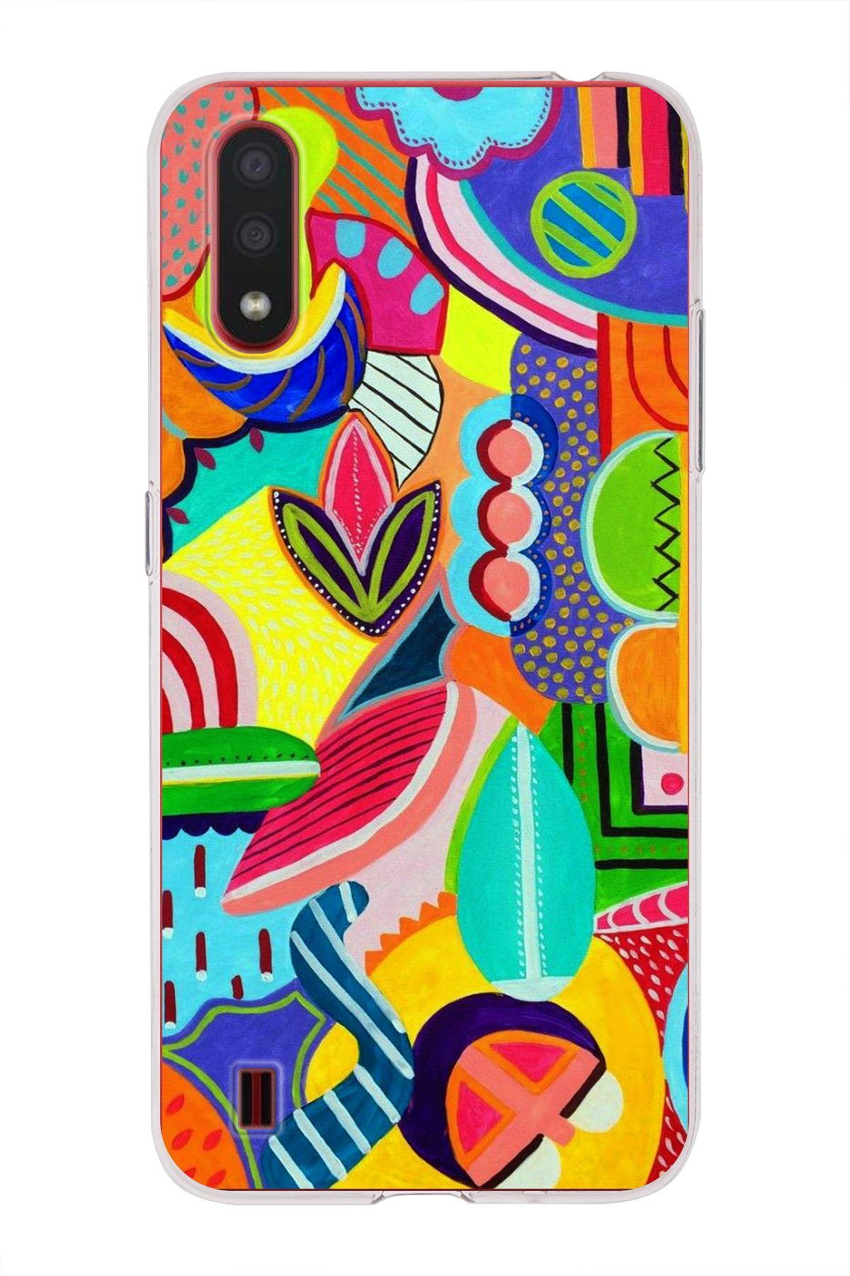 Samsung Galaxy A01 ile Uyumlu 1mm Slim Fit Retro Colors 6 Baskılı Şeffaf Kılıf