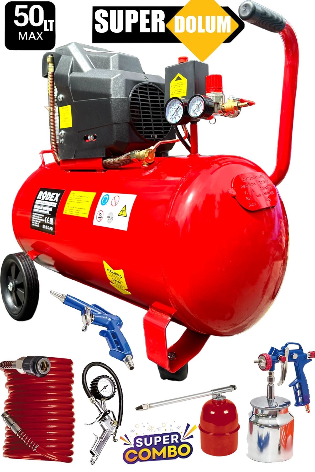 STAXX POWER Bakır Sargı Motor Gerçek 50LT 2HP Süper Hızlı Dolum RODEX Hava Kompresörü Havalı Boya Set 8 Bar