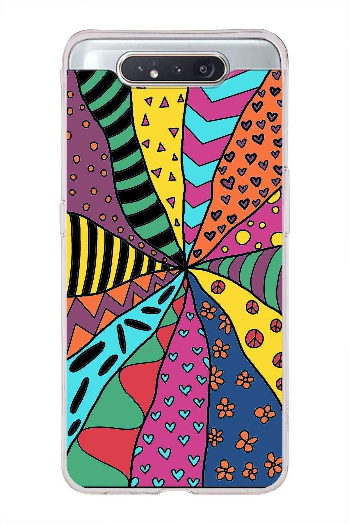 Samsung Galaxy A80 ile Uyumlu 1mm Slim Fit Retro Colors 4 Baskılı Şeffaf Kılıf