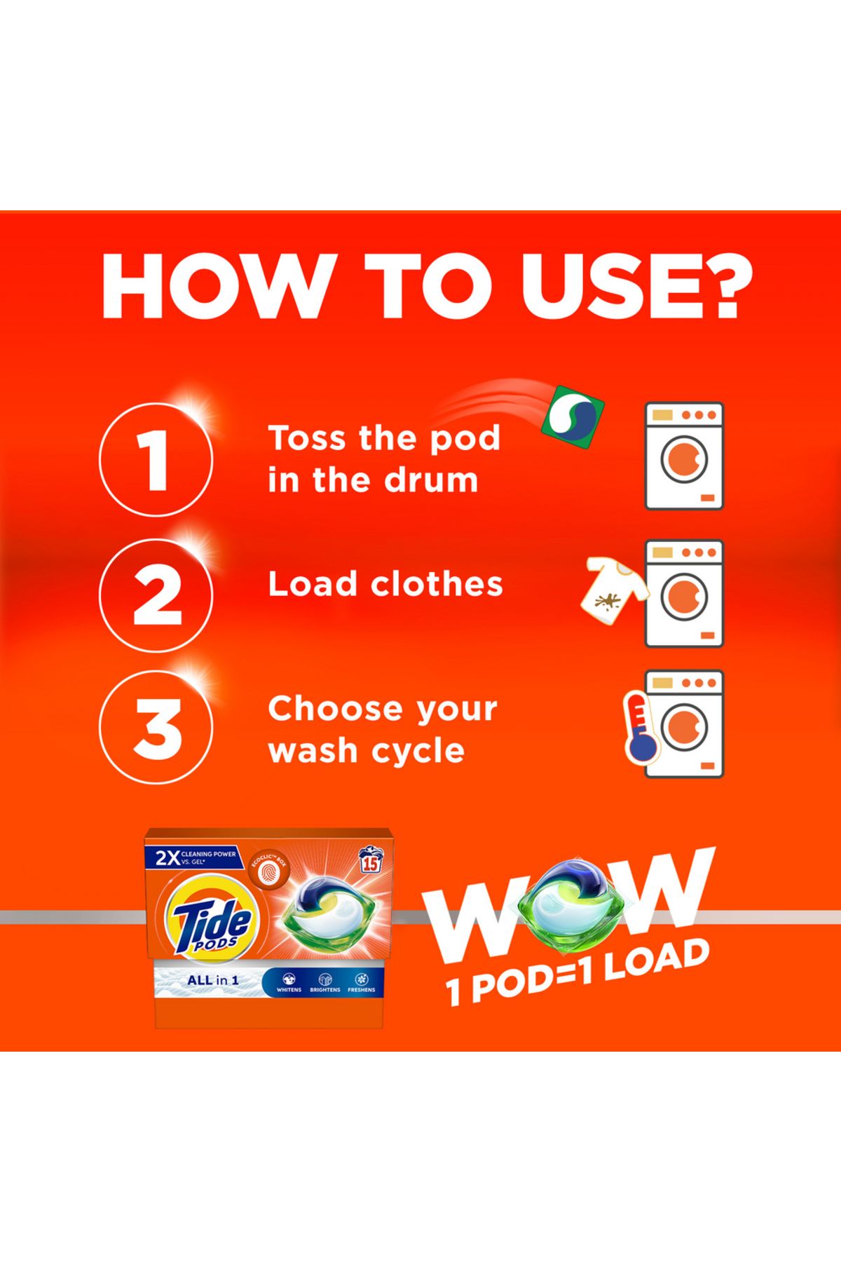 Tide-Original All-in Pods 15 Count Laundry Detergent Pods
Whitens Brightens Freshens 5