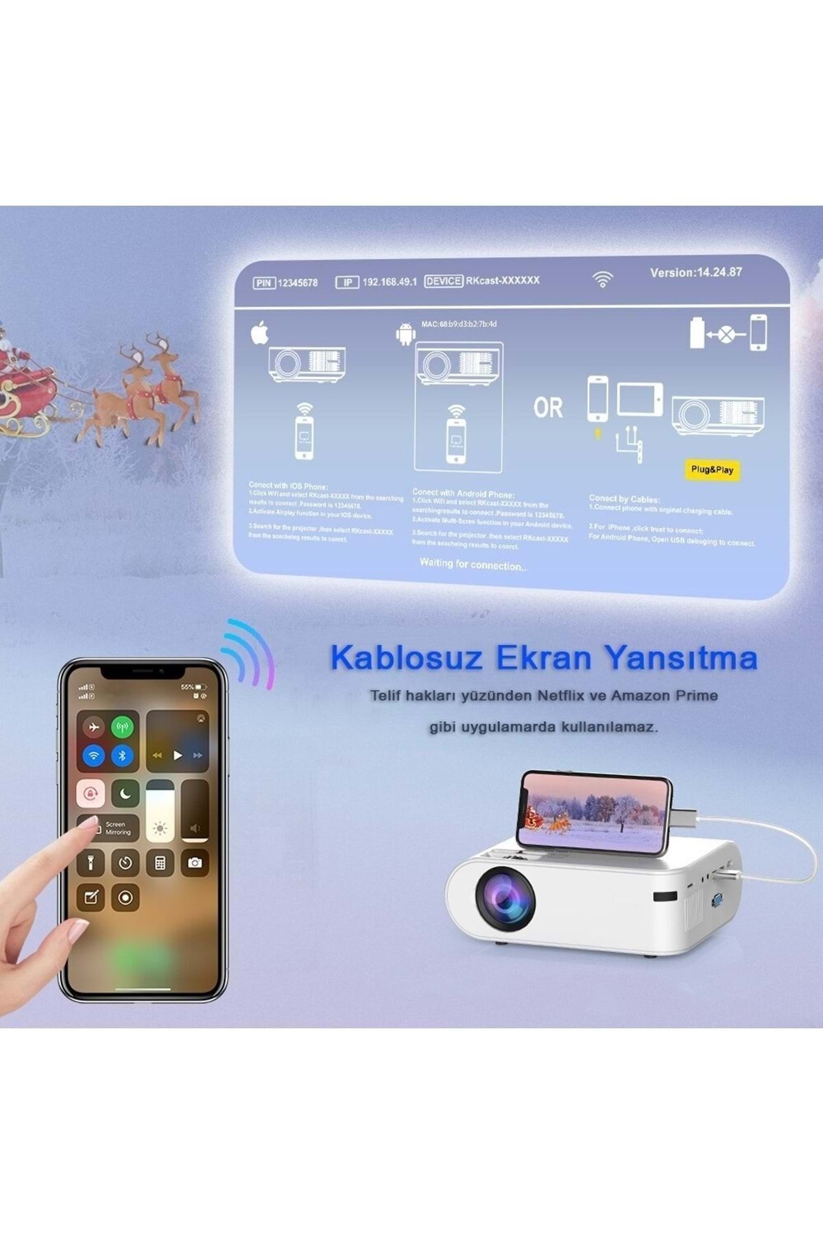 P62 Full Hd Destekli Wifi & Ios & Android Cep Tel Yansıtma Mini Projeksiyon Cihazı - 5