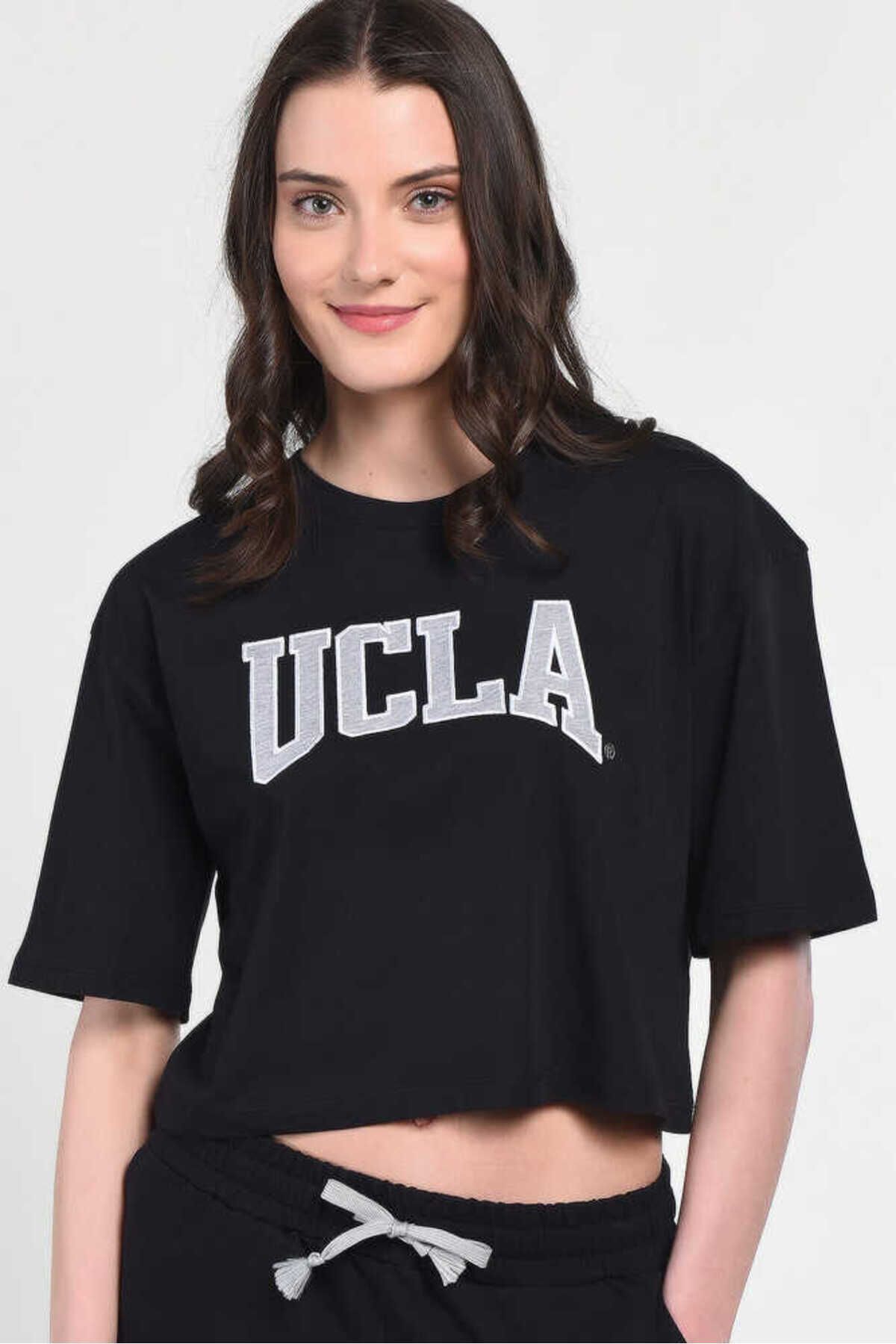 Ucla Helena Black Crew Neck Oversize Crop Embroidered Women s T shirt Trendyol