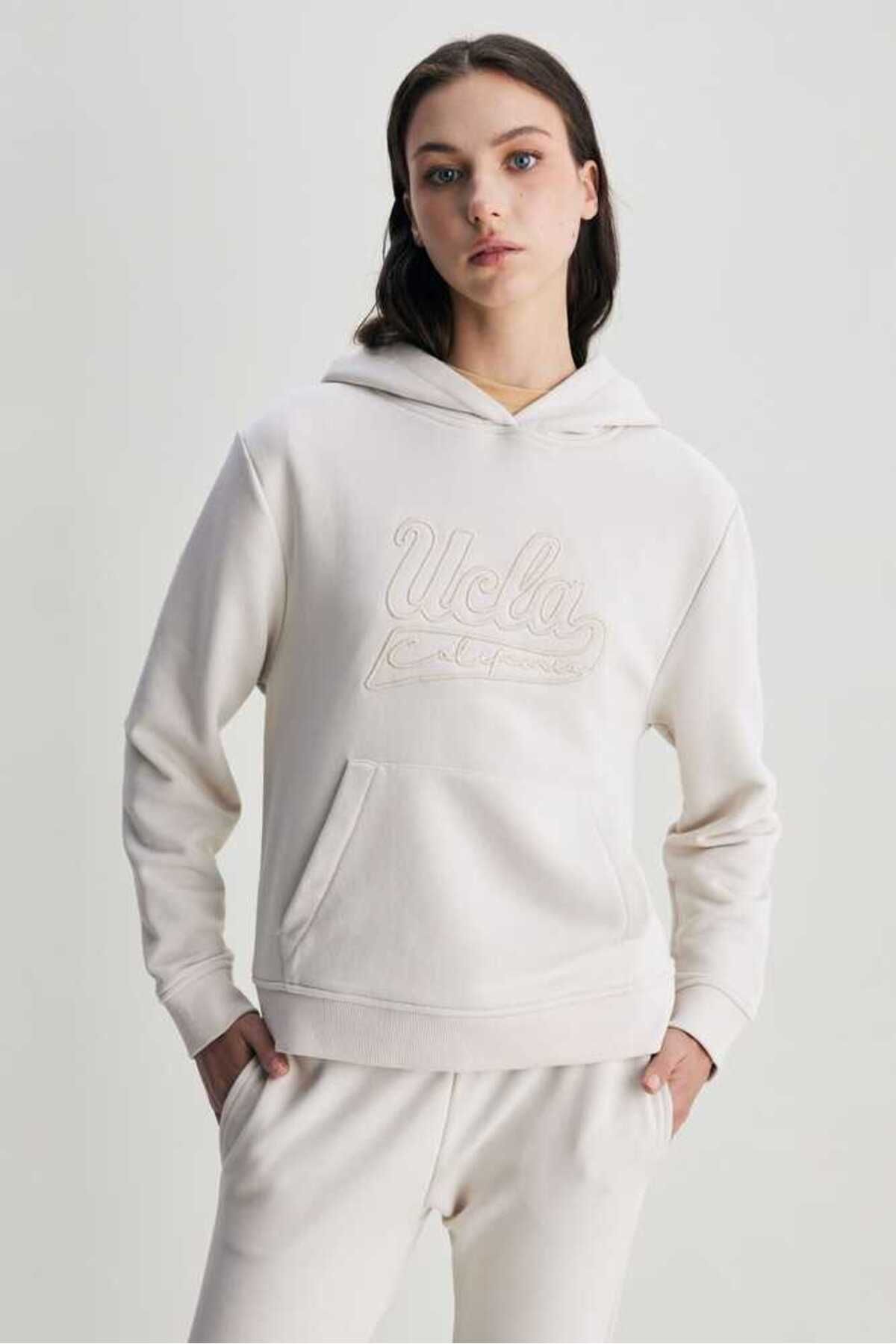 Ucla DEBORAH Beige Hooded Embroidered Standard Fit Women s Sweatshirt Trendyol