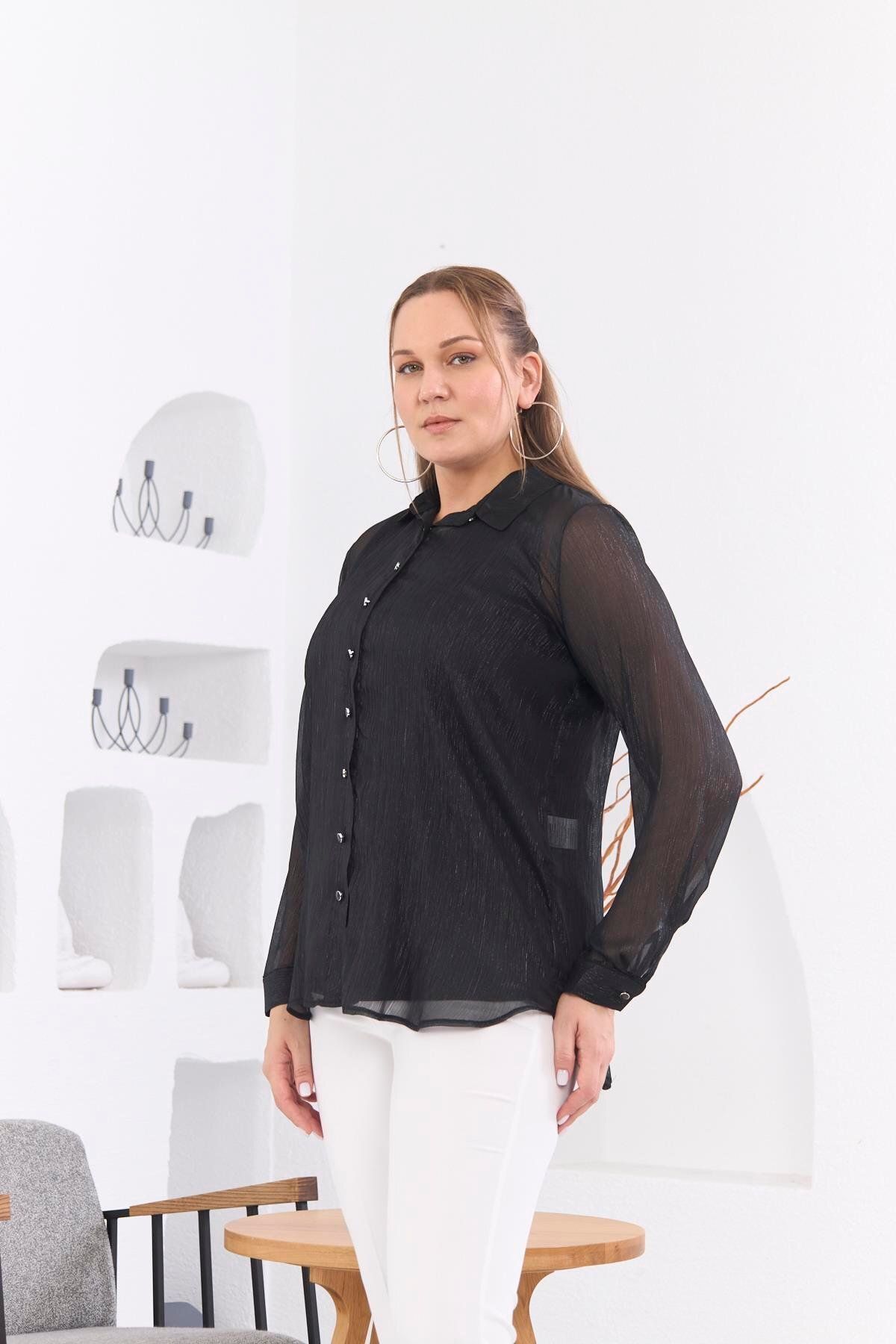 RMG-Plus Size Chiffon Shirt - Glitter, Long Sleeve 2