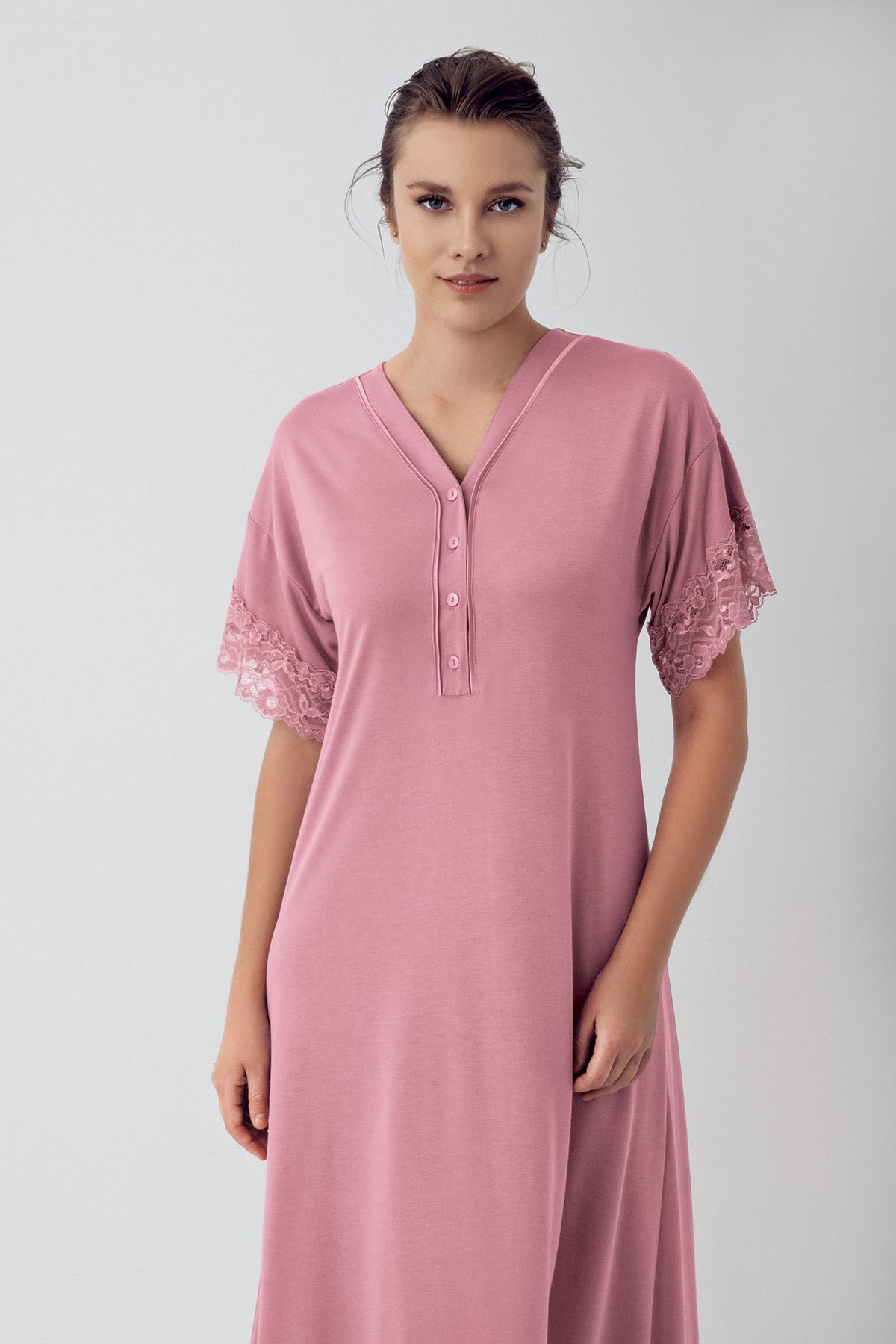 Artış-Stretchy Viscous Short Sleeve Nightgown - Button and Lace 2