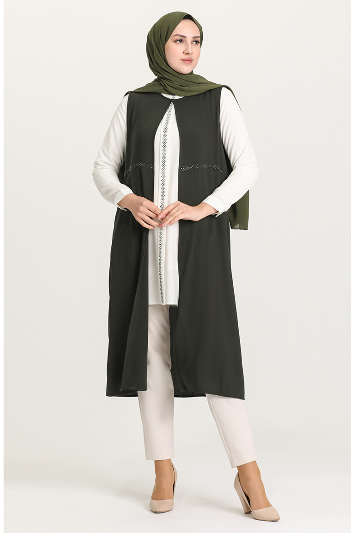 sefamerve Embroidered Double Suit 1657-06 Khaki