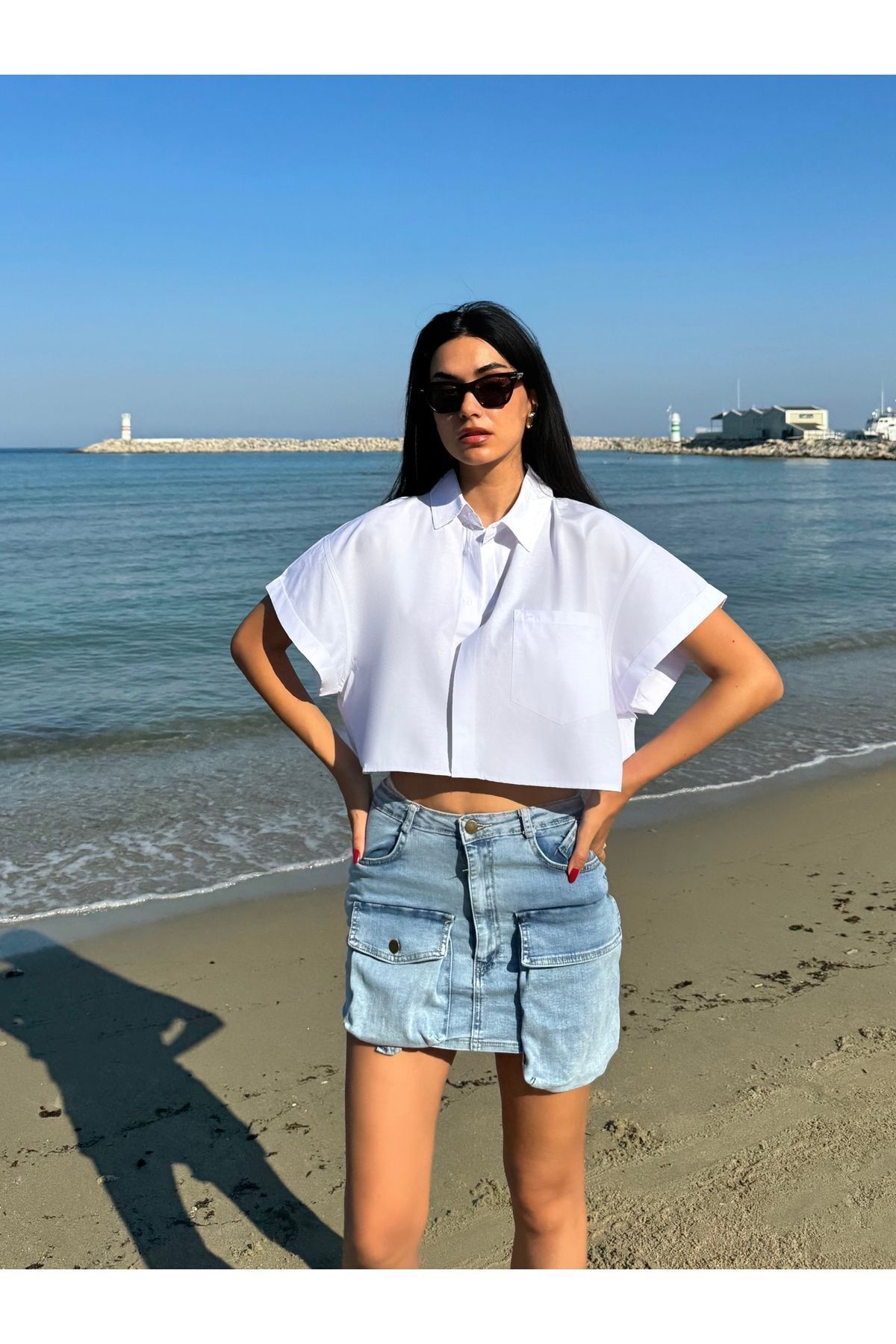 minaaise  Beyaz Oversize Kısa Kollu Kısa Pamuk Gömlek 27311 - Görsel 4