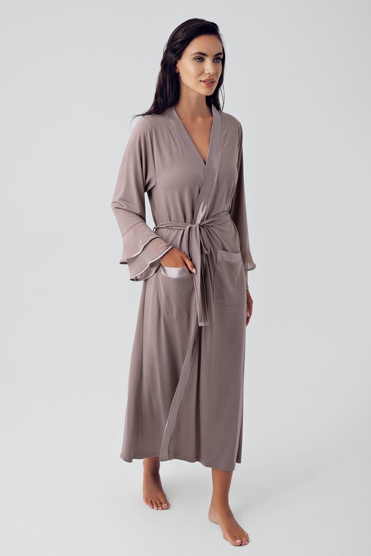 Women's Long Chiffon Satin Detailed Long Sleeve Viscose Robe 8600