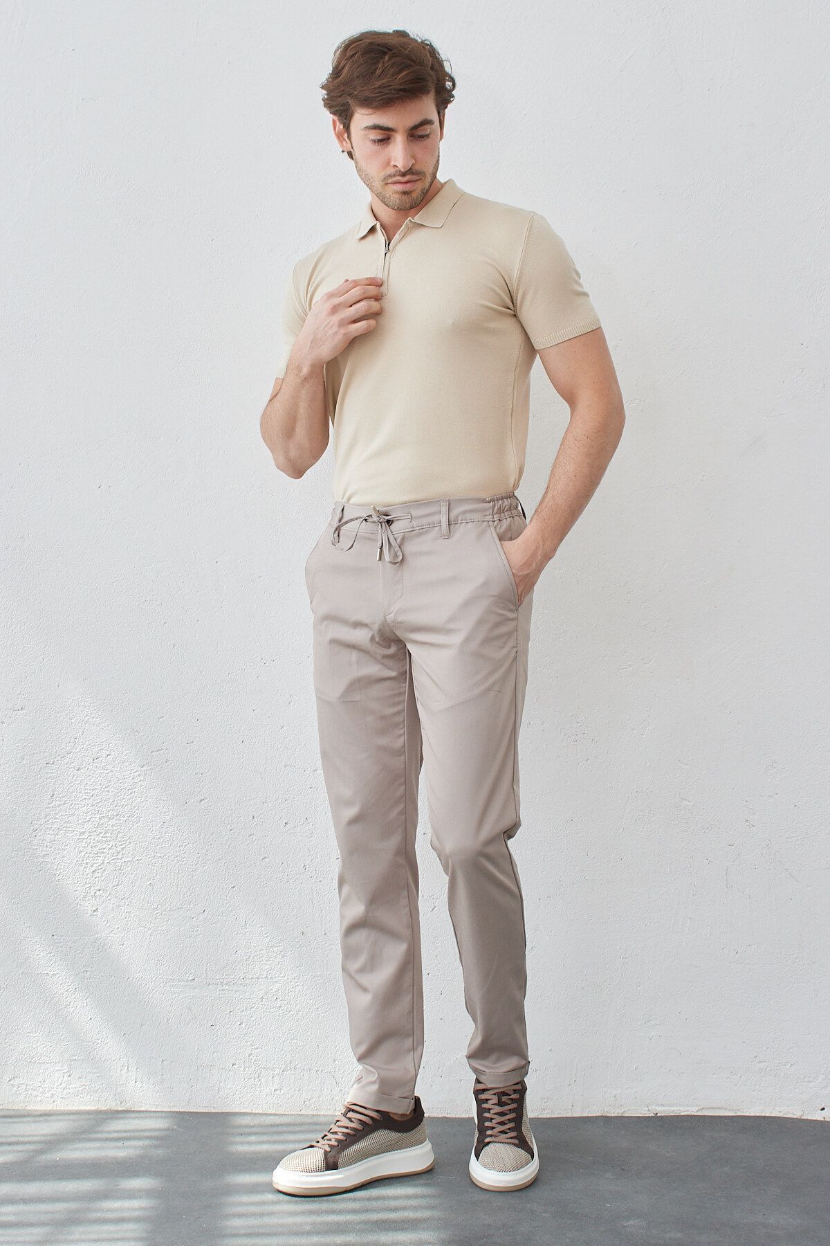 RAVANELLI-Light Gray Stretchy Lycra Men's Slim Fit Jogger Pants - Elastic Waist and Lace-up 2