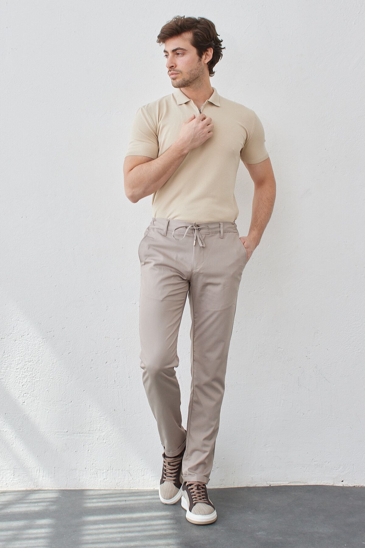 RAVANELLI-Light Gray Stretchy Lycra Men's Slim Fit Jogger Pants - Elastic Waist and Lace-up 4