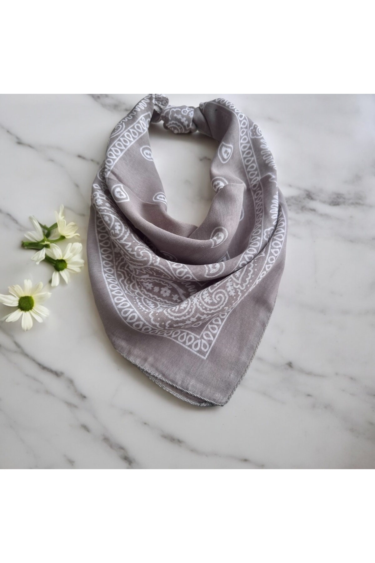 Kadın Gri Renk Etnik Desenli %100 Koton Bandana, Saç Bandı