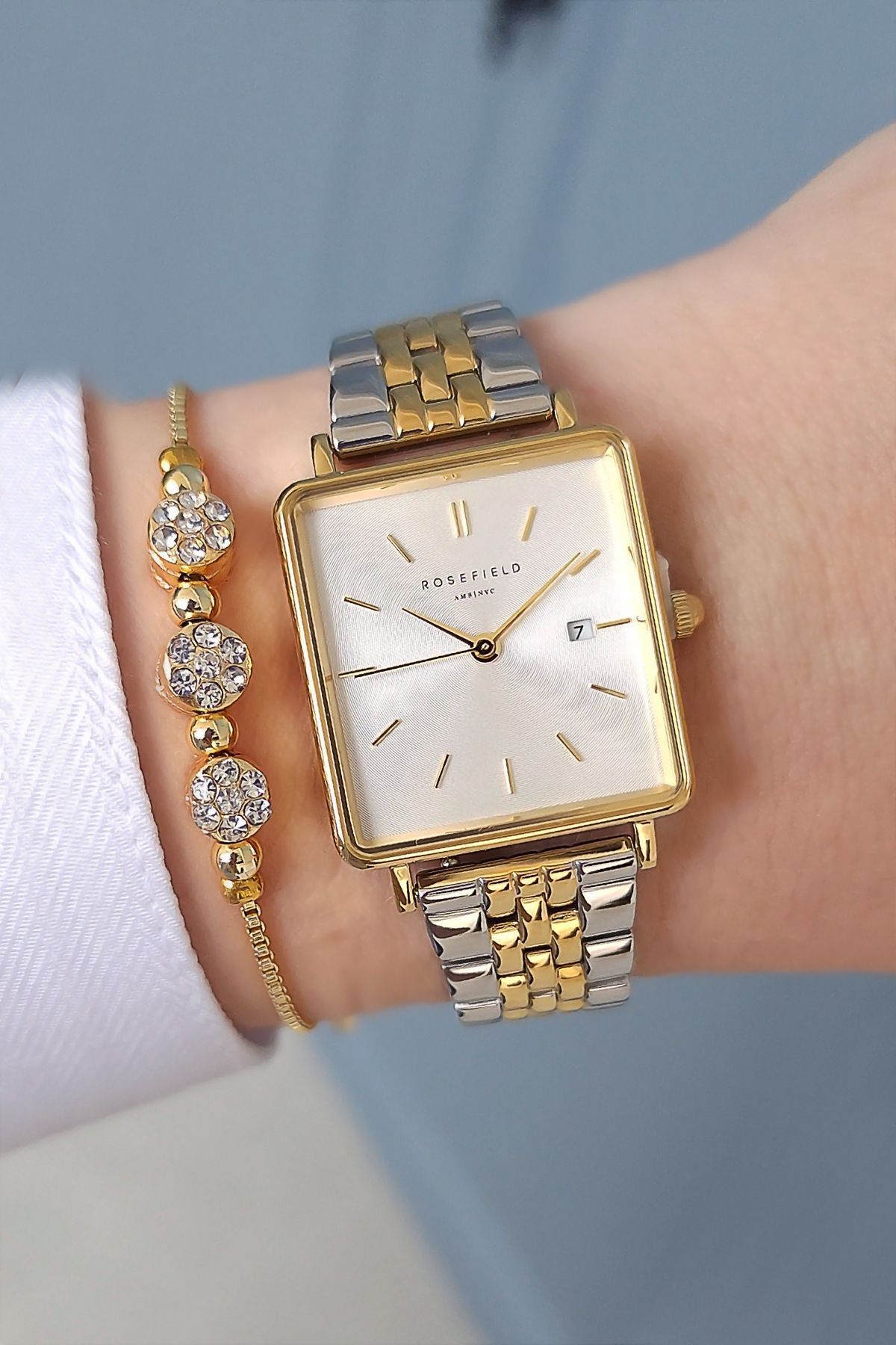 Rosefield Gold Metallic Rectangular Case Women s Wristwatch Zircon Jewelled Bracelet Trendyol