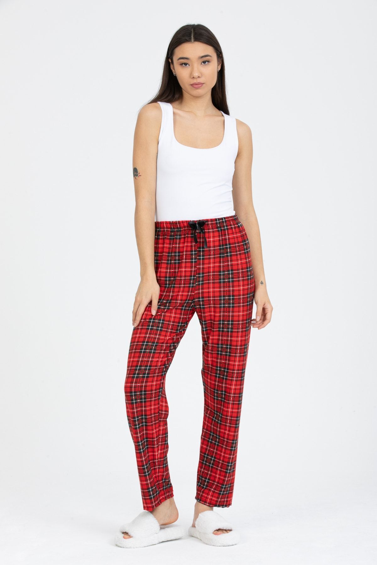Plaid Patterned Velvet Pajamas Bottom Women