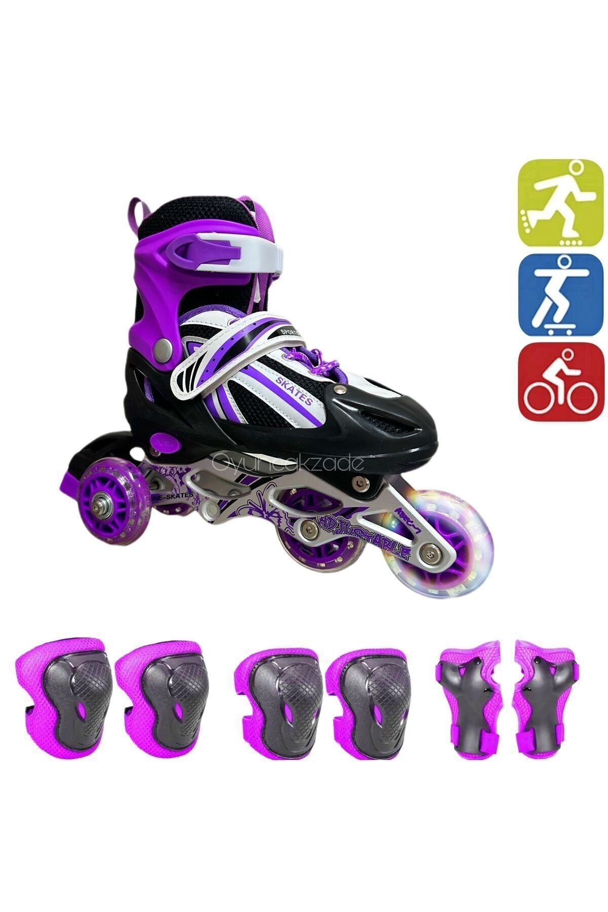 Purple Double Row Adjustable Illuminated Aluminum Body Training Skate + Protective Knee Pad Set