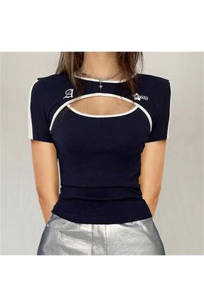Köstebek Lacivert Göğüs Detay Kısa Kollu Bluz