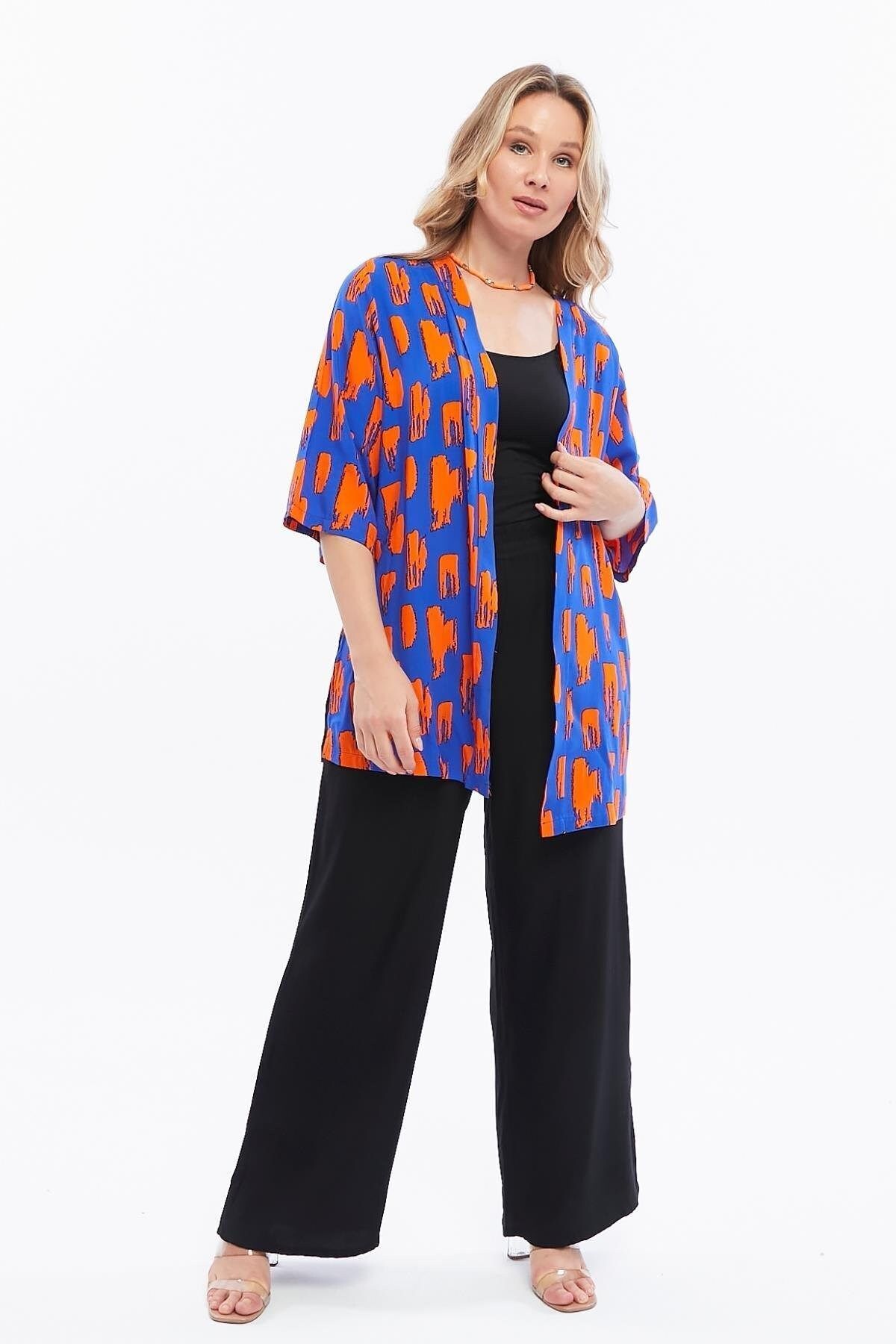Seamoda-Saks Blue Patterned - Large Size Jacket with Viscose Sleeve Slits 3