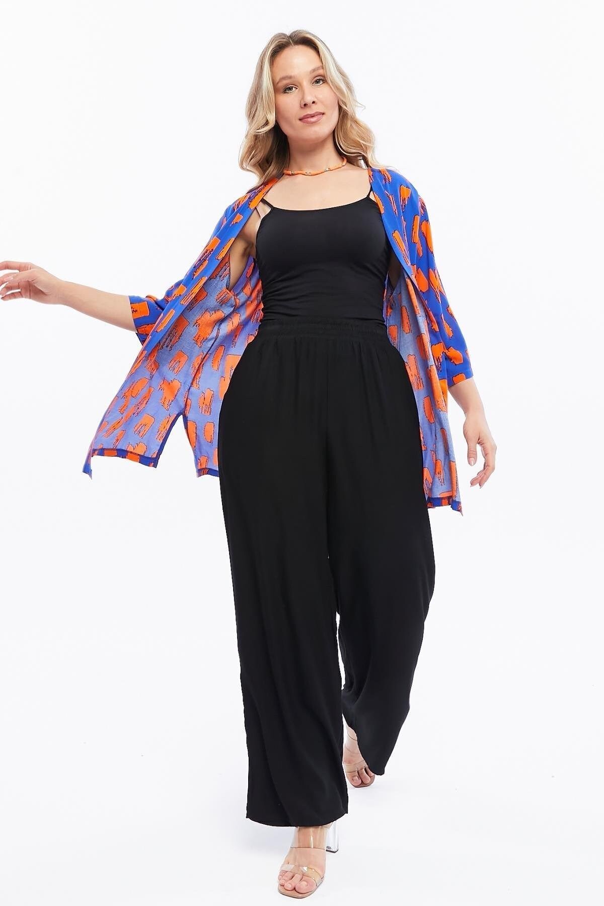 Seamoda-Saks Blue Patterned - Large Size Jacket with Viscose Sleeve Slits 4
