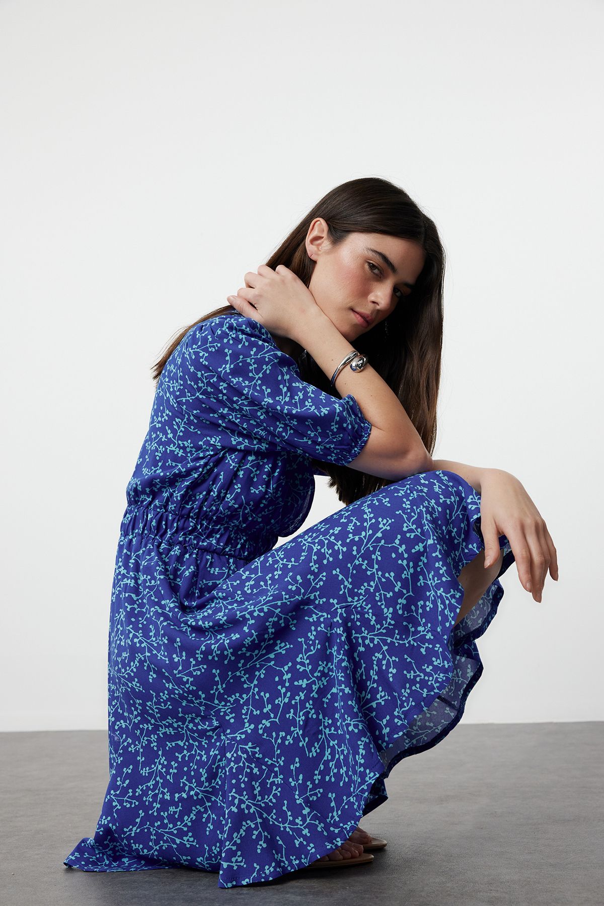 Trendyol Collection-Mini Skater Form - Saks Blumendruck Zweireihiges Kragenkleid TWOSS24EL01074 2