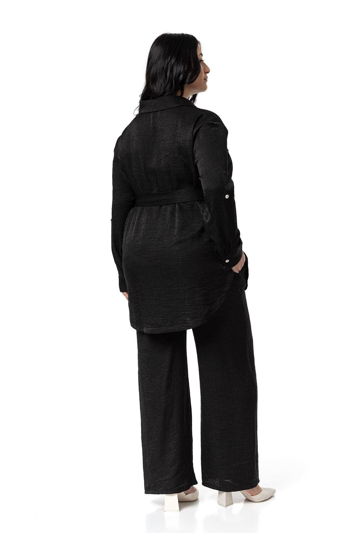 DISENTIS MODEST-Set cămașă și pantaloni negri de mărime plus - țesătură strălucitoare 3