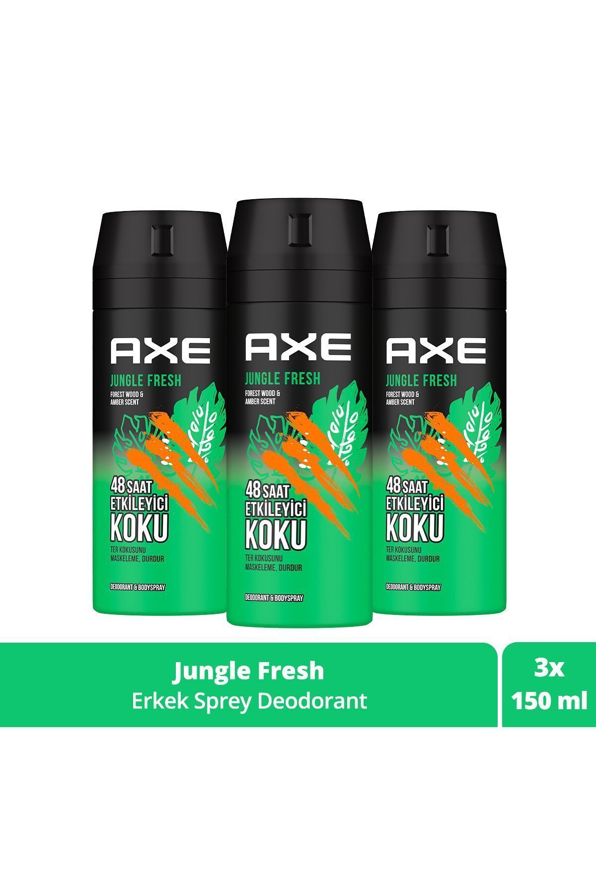 Axe Erkek Sprey Deodorant Jungle Fresh 48 Saat Etkileyici Koku 150 ml X3 Adet SET.UNİ.3825