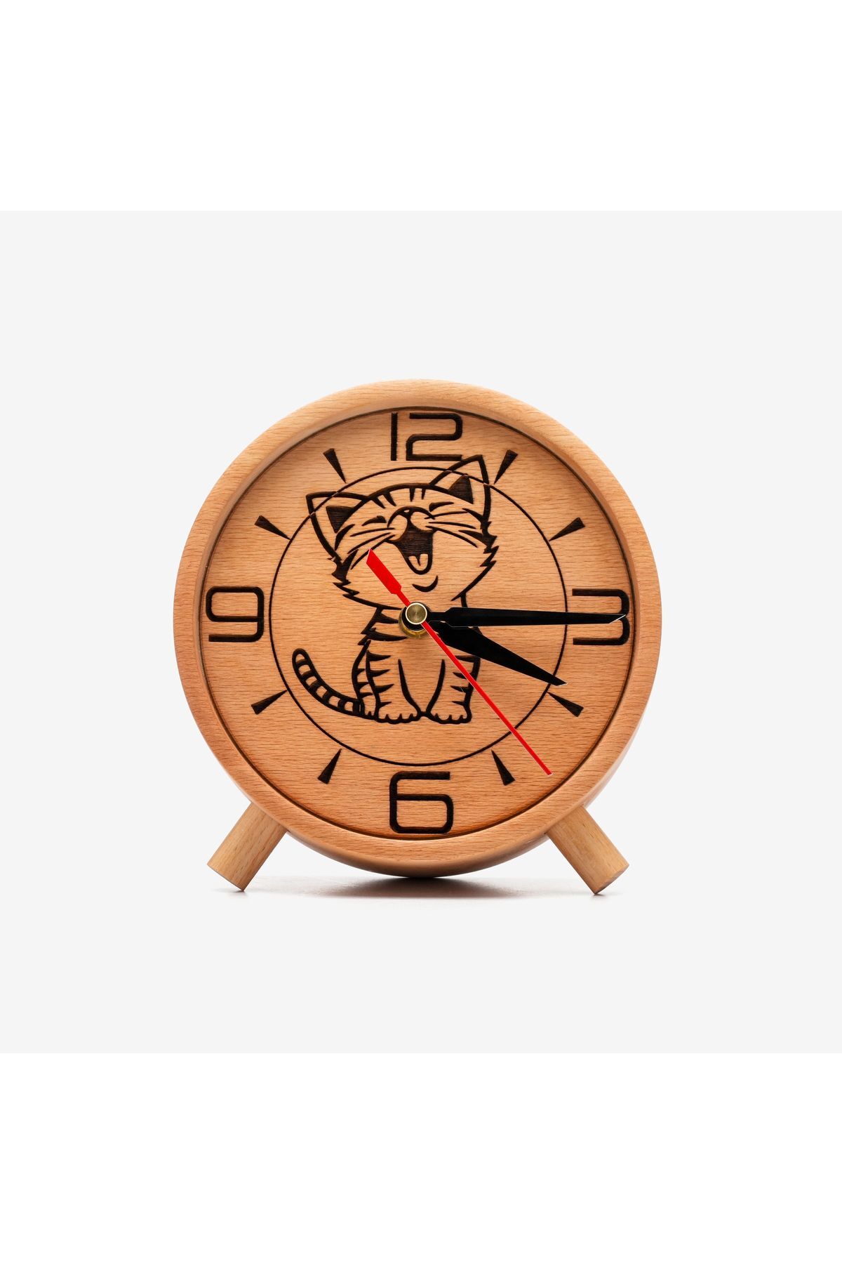 HANDMADE ROUND WOODEN DESKTOP CLOCK MİNİMALİST DESIGN WITH CUTE CAT DETAILS