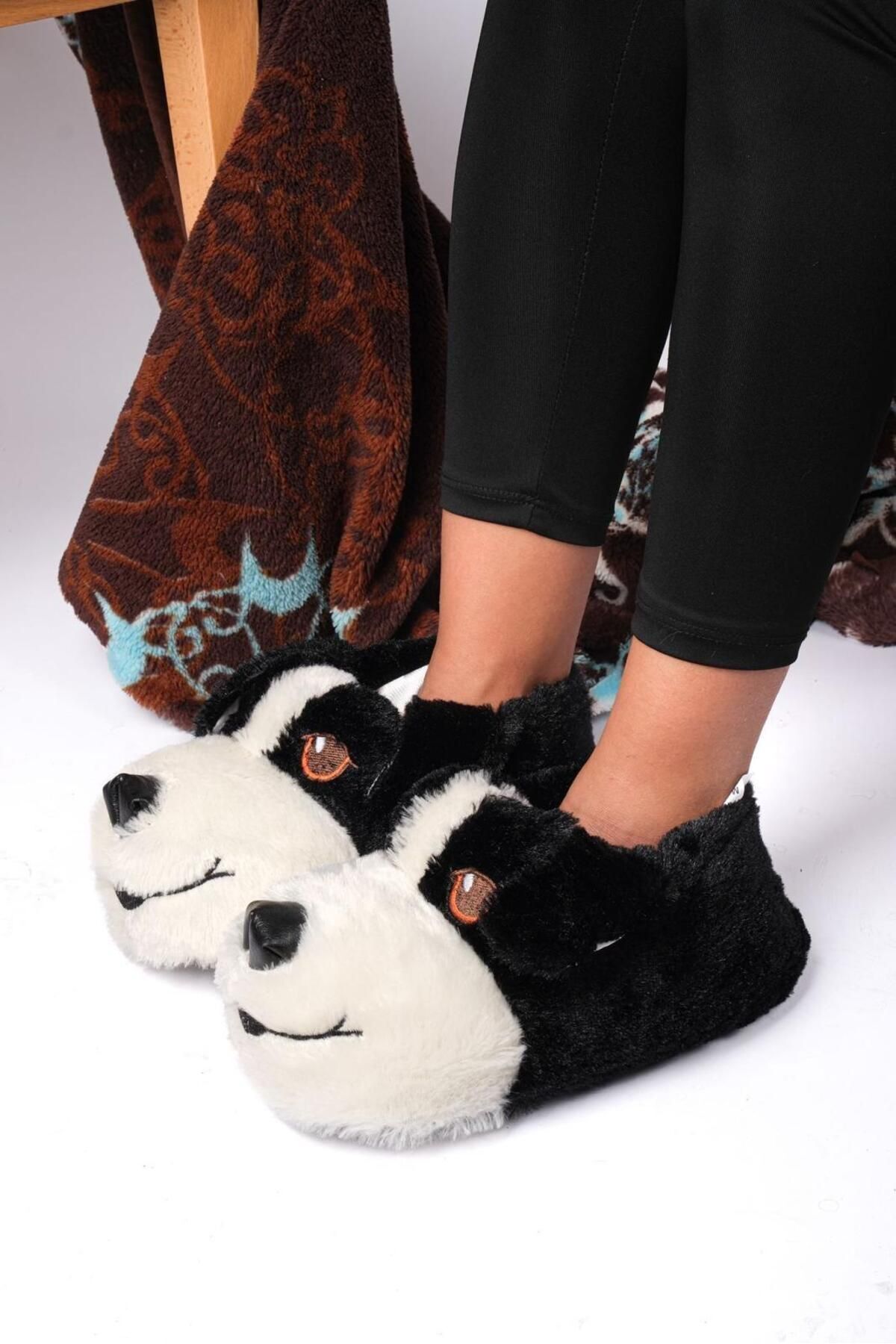 Genel Markalar Unisex Siyah Tüylü Köpek Figürlü Kaymaz Taban Pofuduk Peluş Patik  Ev Botu Rahat Panduf