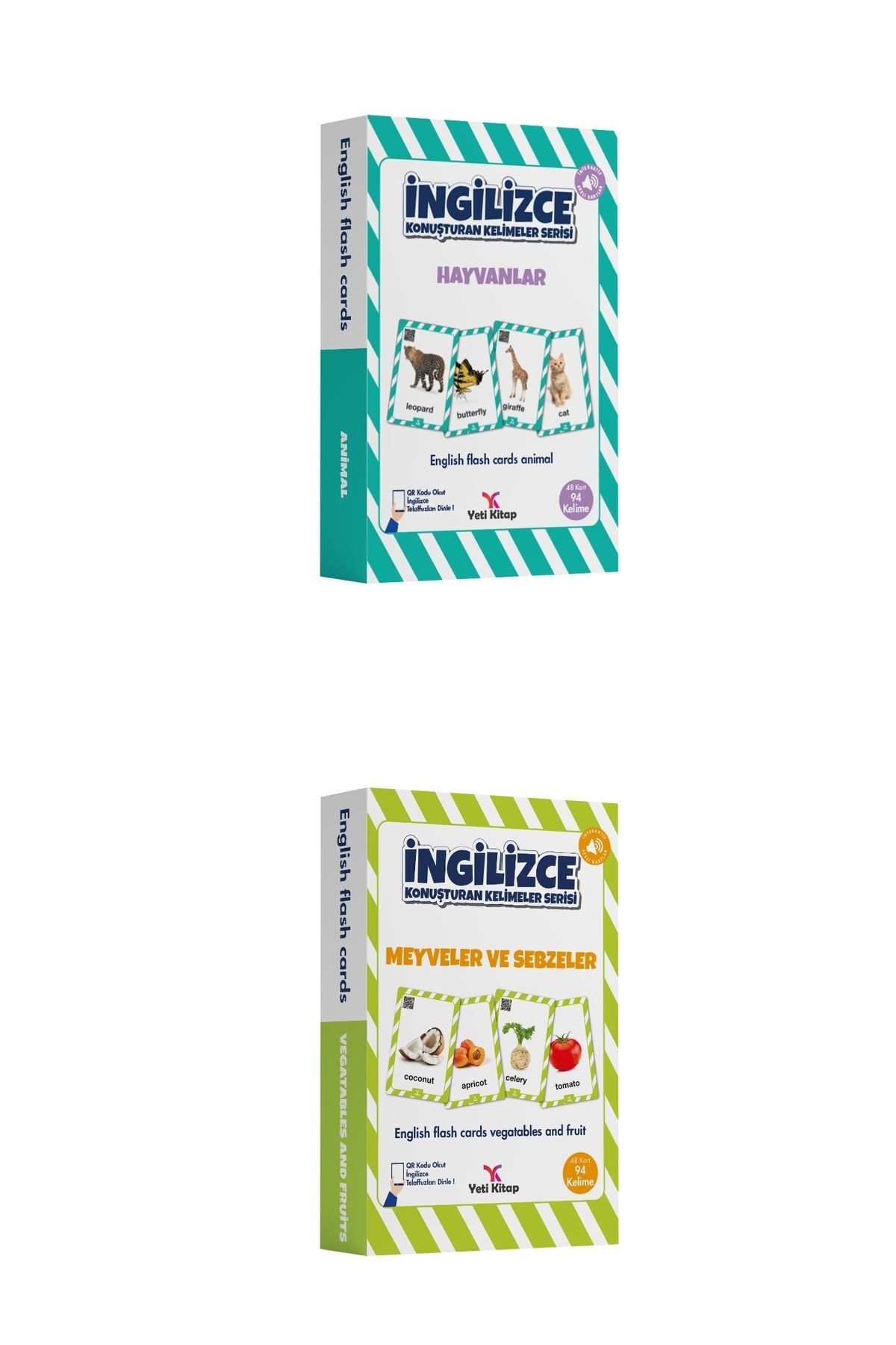 yeti kitap 5 -9 Yaş Ingilizce Kelime Kartları Flash Cards 2'li Set-hayvanlar-sebzeler-meyveler 188 Kelime