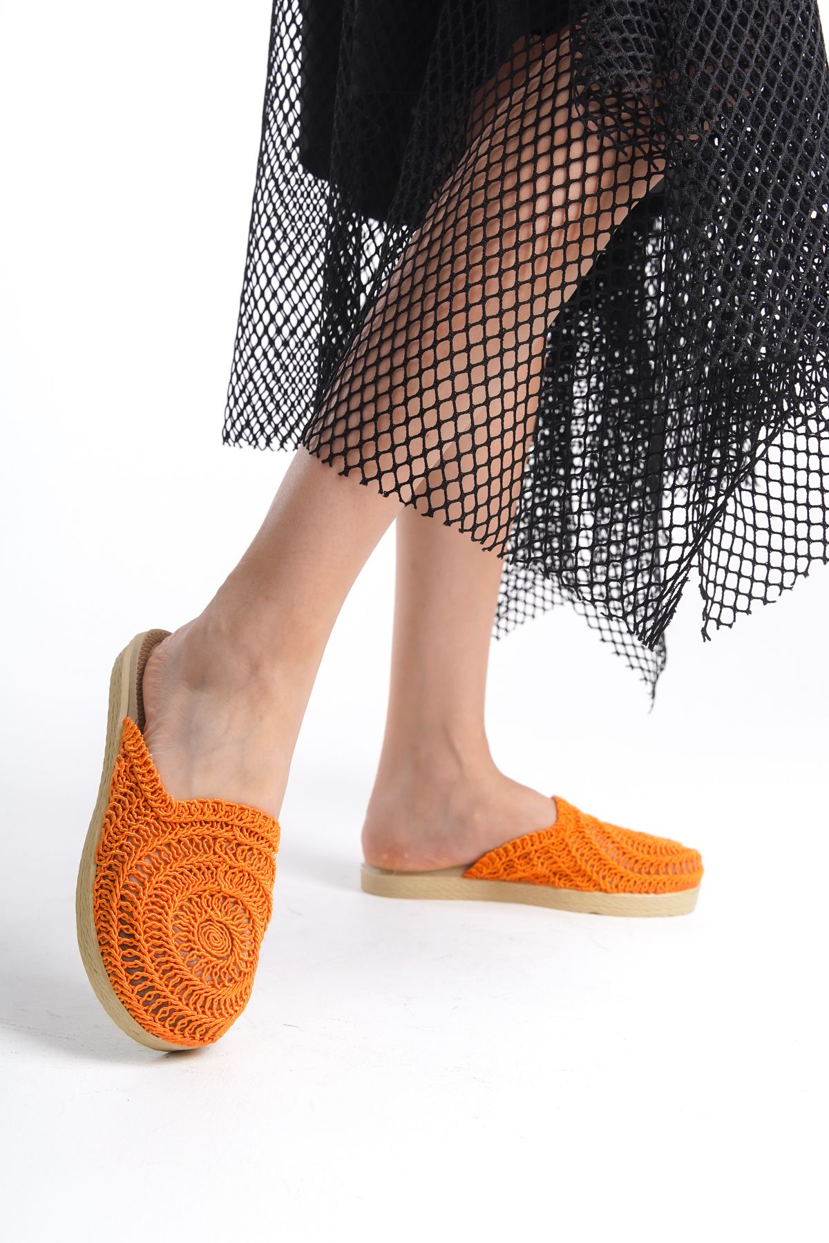Moda Değirmeni-Papuci tricotati pentru femei din dantela portocalie - BG1027-122-0001 2