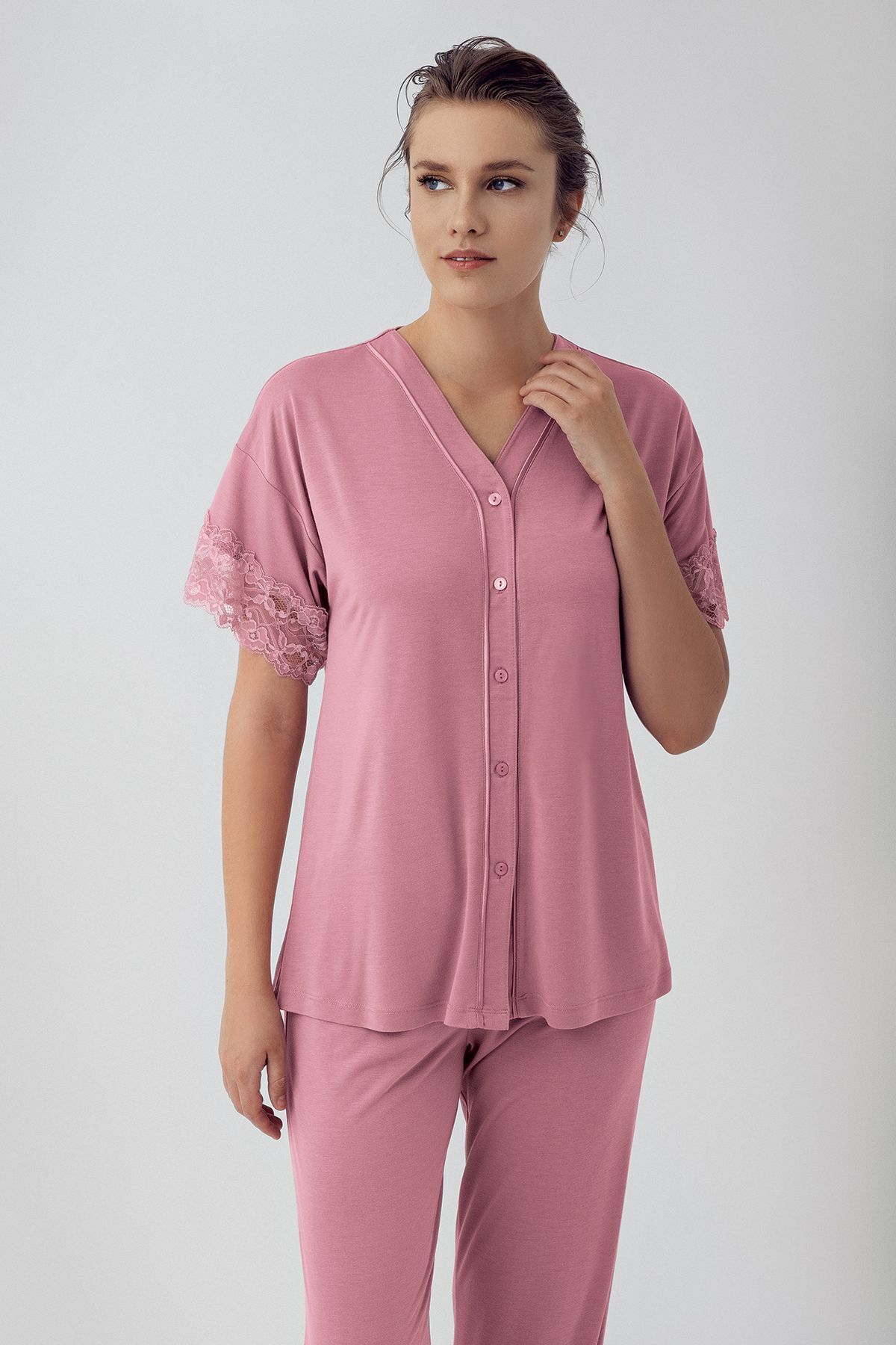 Artış-Flexible Viscous Short Sleeve Pajama Set - Buttoned and Lace 2