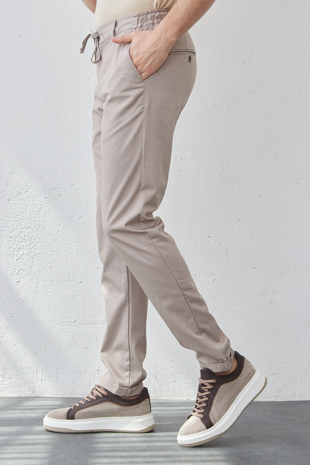 RAVANELLI-Light Gray Stretchy Lycra Men's Slim Fit Jogger Pants - Elastic Waist and Lace-up 6